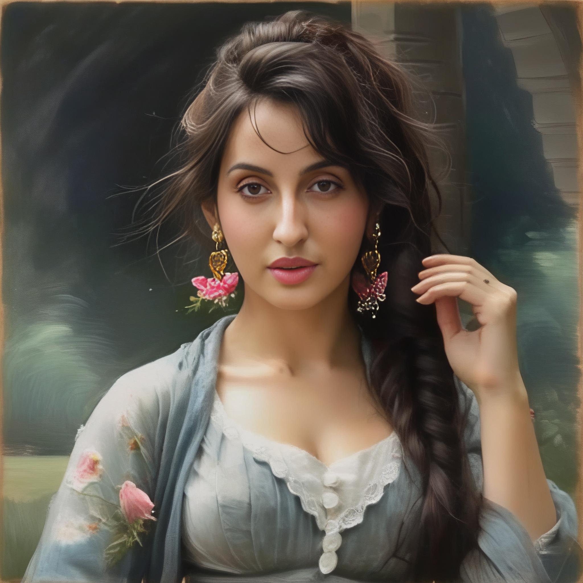 NoraFatehi, (art by John Constable:1.3) ,art by Ruan Jia, [portrait, stylized,close up of a Aggressive Horrid Female, wearing Internally Glowing Bolero, Playing with Hair, Layered cut hair, Glad background, Visual novel, Amusing::12],  <lora:NoraFatehiSDXL:1>