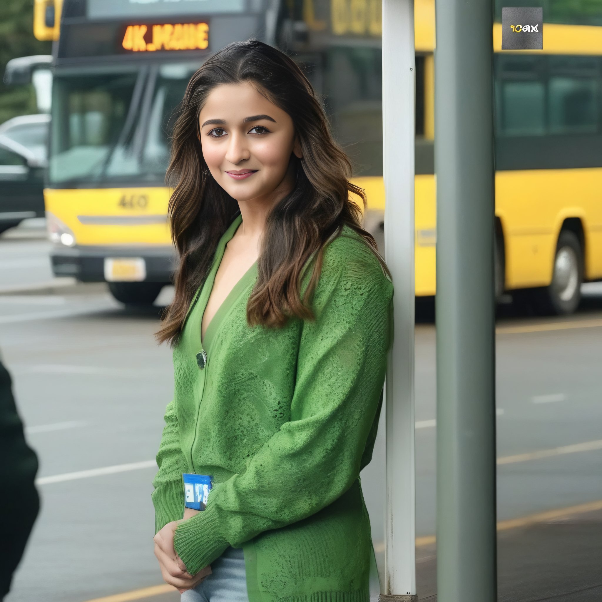 (AliaBhatt)<lora:AliaBhattSDXL:1> photograph,  masterpiece,4k, uhd, paparazzi magazine feature photo, a male celebrity waiting for a bus in portland