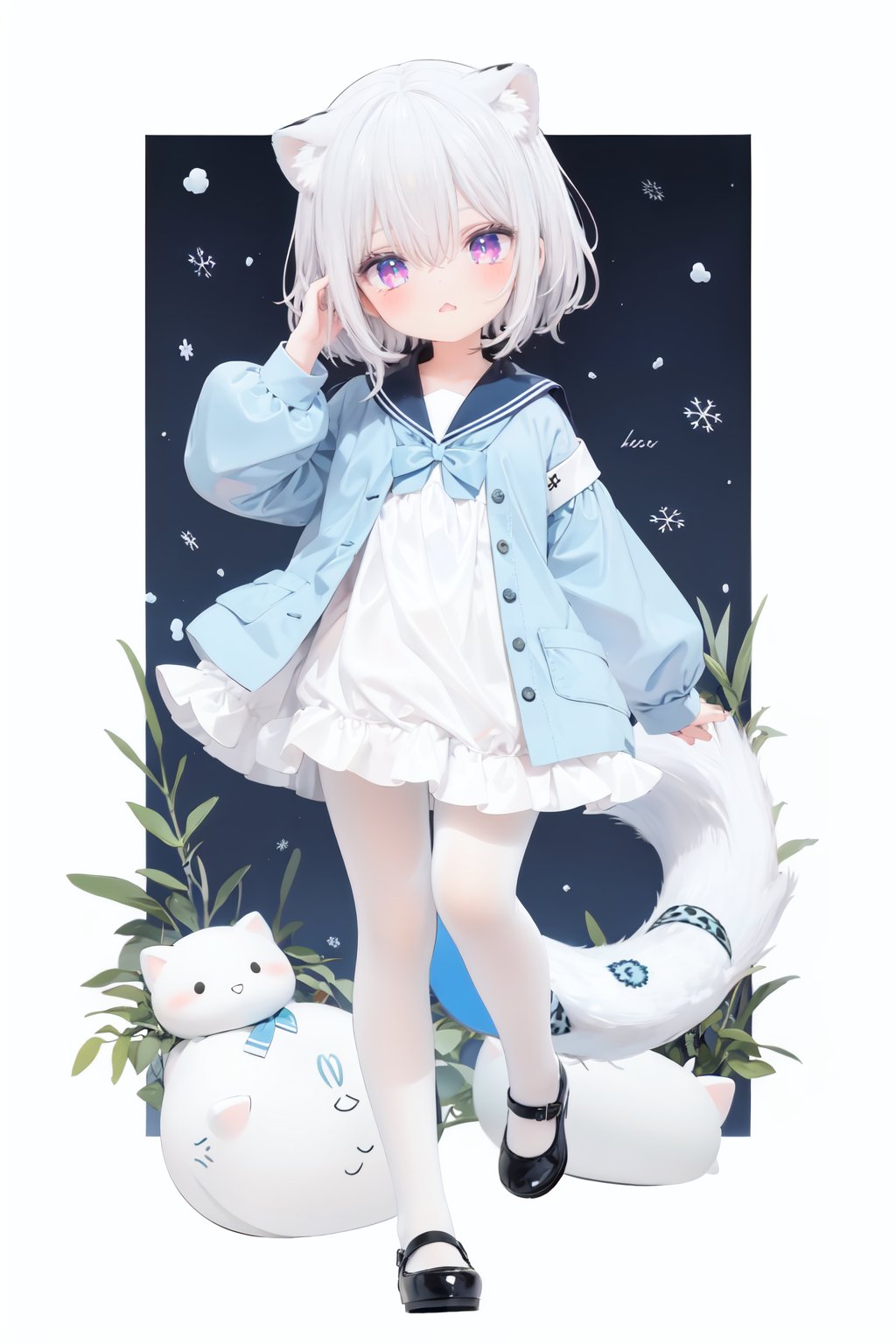  cute,Infant,solo blue shirt,blue sailor coat,loli,full body,white hair,snow leopard ear,white background,pink eyes,laugh,happy,white pantihose,white pantyhose,red armband,