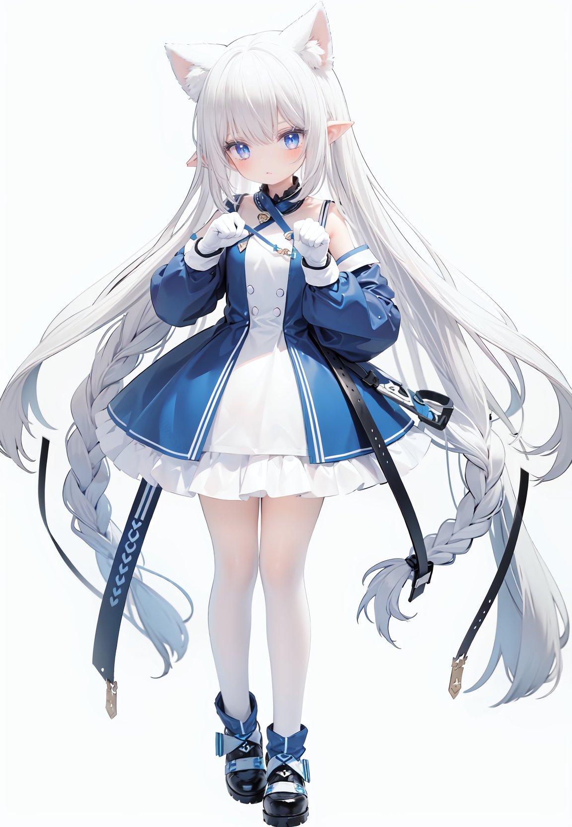  1girl, white_gloves, braid, full_body, gloves, long_hair, official_alternate_costume, pointy_ears, simple_background, solo, standing, very_long_hair, white_background, white hair, blue eyes, paw claw pose, open_mouth