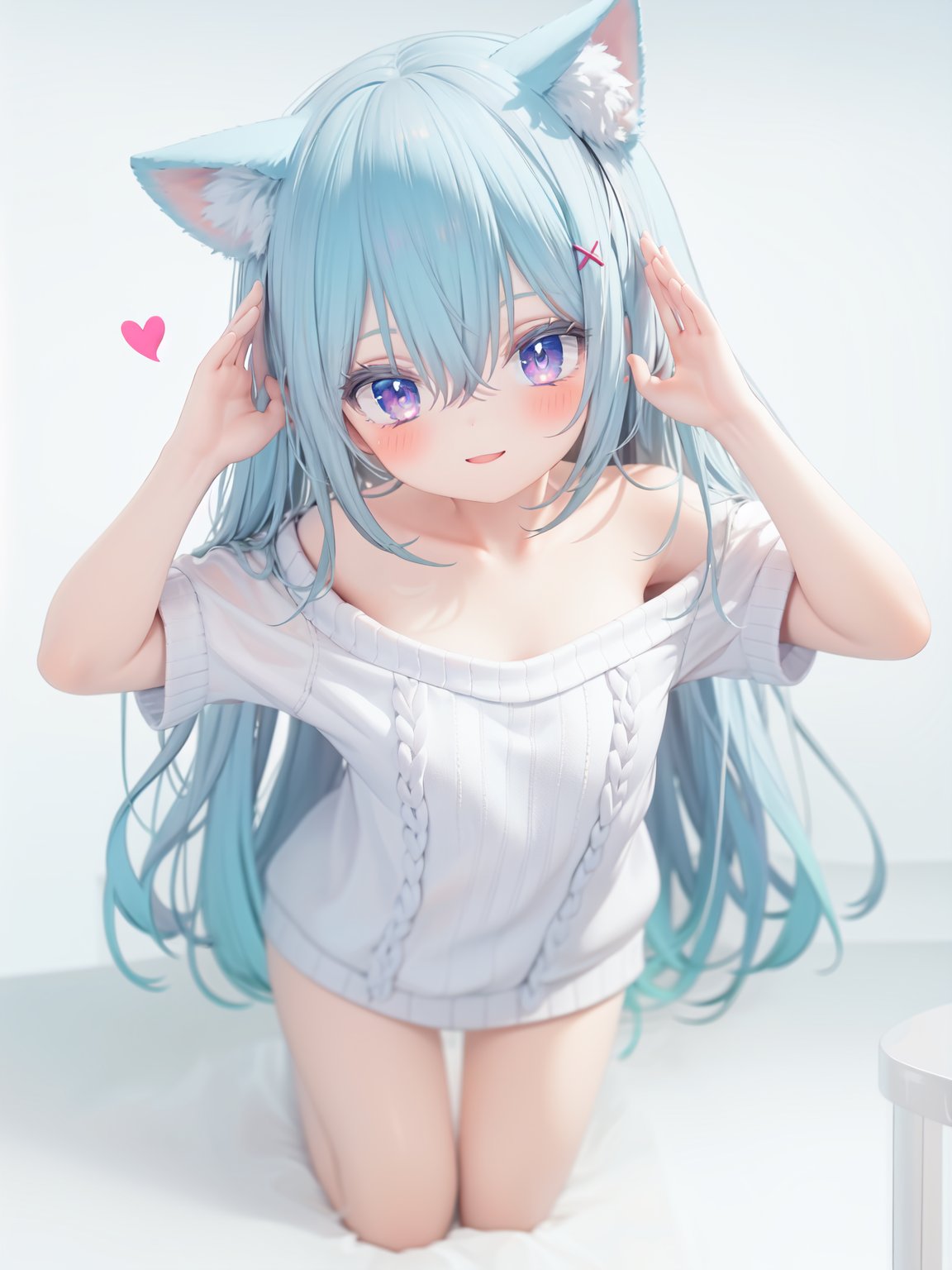  petite, loli, solo, animal ears, heart, puffy short sleeves, blue hair, long hair, off shoulder, bangs, hair ornament, gradient background,rainbow gradient, x hair ornament, animal ear fluff, looking at viewer, very long hair, blush, smile, cat ears, bare shoulders, collarbone, hand up, gradient sweater, hair between eyes, symbol-shaped pupils, arm up, heart-shaped pupils, hairclip, medium breasts, salute, bare legs,full body