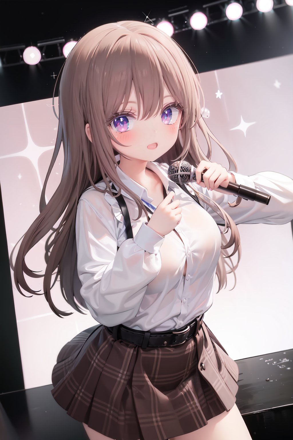  1girl, solo, microphone, smile, skirt, blush, brown eyes, long hair, open mouth, looking at viewer, brown hair, long sleeves, :d, shirt, bangs, belt, breasts, pink shirt, outstretched arm, music, black belt, medium breasts, holding microphone, singing