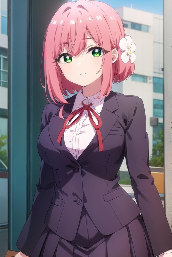 hakarihanazono, <lora:hakari hanazono s1-lora-nochekaiser:1>,hakari hanazono, short hair, hair ornament, (green eyes:1.3), pink hair, flower, hair flower, smile,BREAK skirt, shirt, ribbon, school uniform, jacket, white shirt, thighs, pleated skirt, black skirt, red ribbon, neck ribbon, blazer,BREAK indoors, classroom,BREAK looking at viewer, (cowboy shot:1.5),BREAK <lyco:GoodHands-beta2:1>, (masterpiece:1.2), best quality, high resolution, unity 8k wallpaper, (illustration:0.8), (beautiful detailed eyes:1.6), extremely detailed face, perfect lighting, extremely detailed CG, (perfect hands, perfect anatomy),