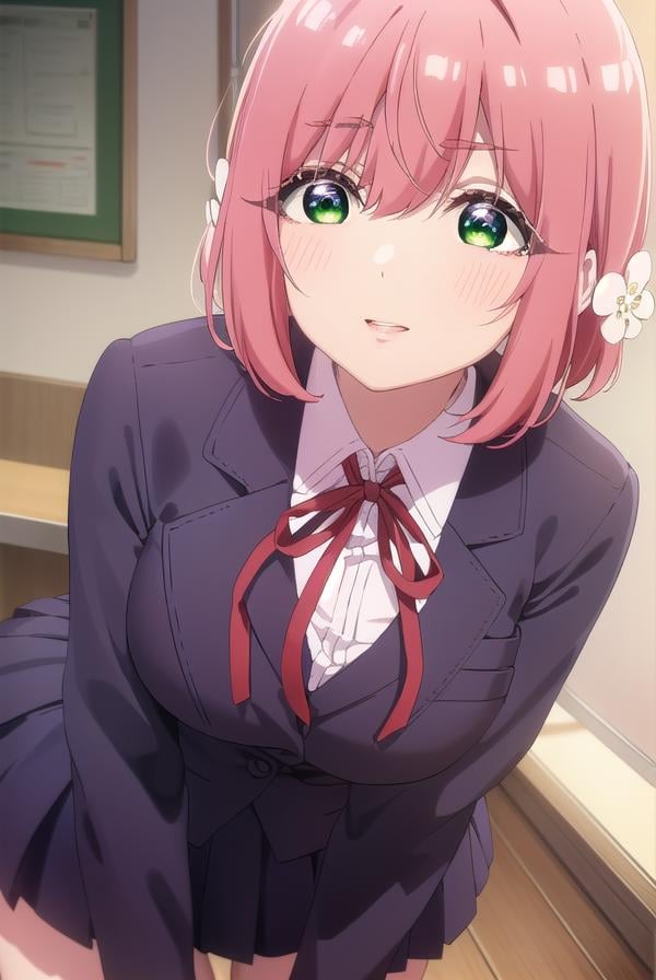 hakarihanazono, <lora:hakari hanazono s1-lora-nochekaiser:1>,hakari hanazono, short hair, hair ornament, (green eyes:1.3), pink hair, flower, hair flower, smile,BREAK skirt, shirt, ribbon, school uniform, jacket, white shirt, thighs, pleated skirt, black skirt, red ribbon, neck ribbon, blazer,BREAK indoors, classroom,BREAK looking at viewer, (cowboy shot:1.5),BREAK <lyco:GoodHands-beta2:1>, (masterpiece:1.2), best quality, high resolution, unity 8k wallpaper, (illustration:0.8), (beautiful detailed eyes:1.6), extremely detailed face, perfect lighting, extremely detailed CG, (perfect hands, perfect anatomy),