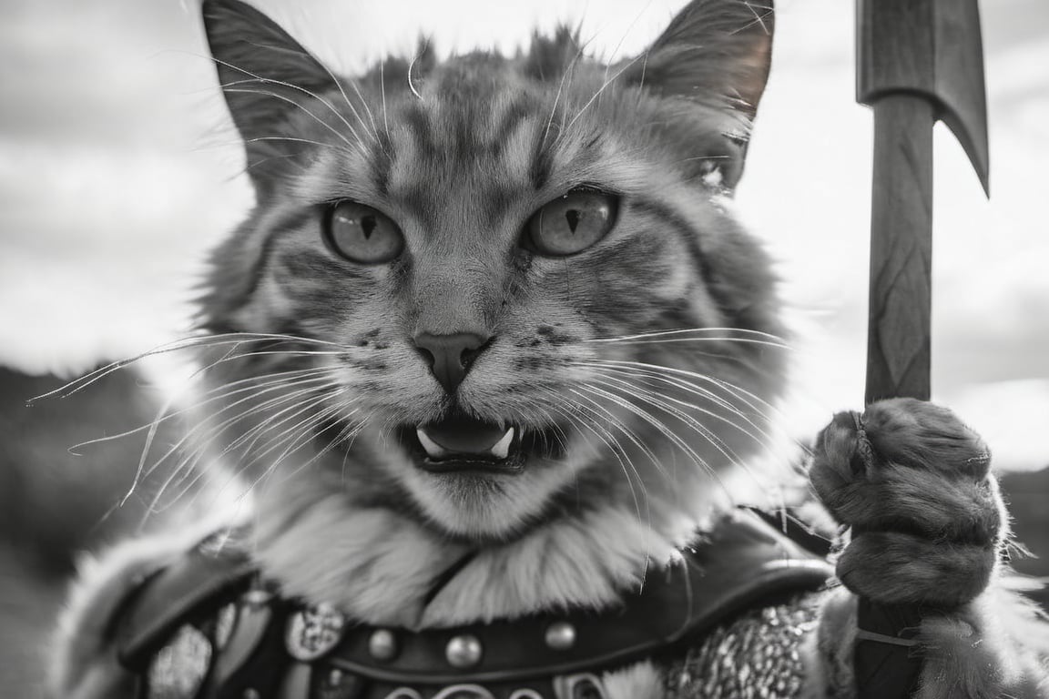 smirk, (designed by Andrey Remnev and Jan Pietersz Saenredam:1.4), renaissance art, Cosplay Photograph, Viking Warrior Cat, wearing Breathtaking warrior outfit, holding an axe, Fast Shutter Speed, Fujifilm Neopan 100, Depth of field 100mm,monster