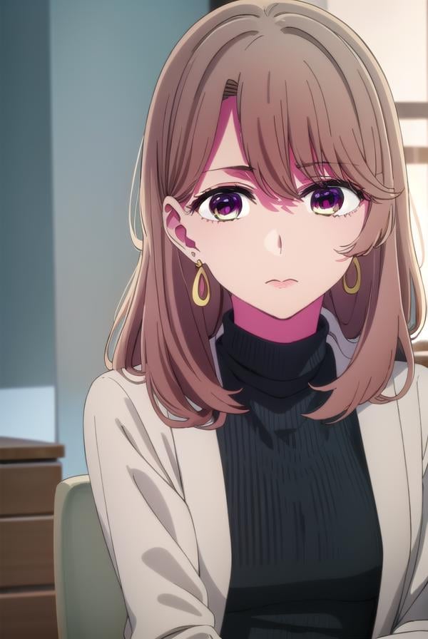 miyakosaitou, <lora:miyako saitou s1-lora-nochekaiser:1>,miyako saitou, long hair, brown hair, (brown eyes:1.3),BREAK jewelry, earrings, sweater, turtleneck, hoop earrings, black sweater,BREAK indoors,BREAK looking at viewer, (cowboy shot:1.5),BREAK <lyco:GoodHands-beta2:1>, (masterpiece:1.2), best quality, high resolution, unity 8k wallpaper, (illustration:0.8), (beautiful detailed eyes:1.6), extremely detailed face, perfect lighting, extremely detailed CG, (perfect hands, perfect anatomy),