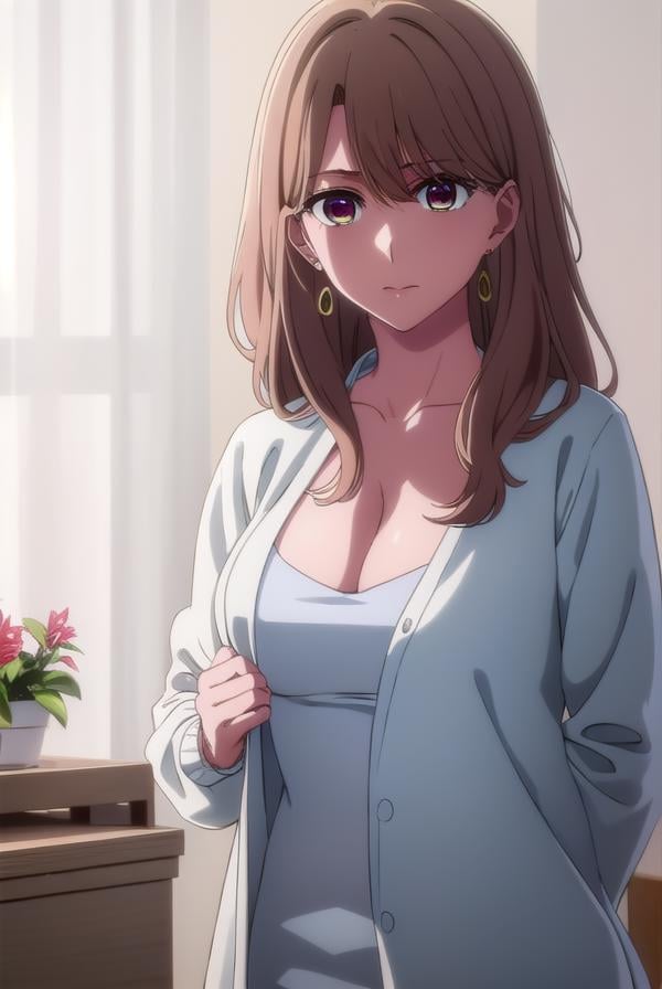 miyakosaitou, <lora:miyako saitou s1-lora-nochekaiser:1>,miyako saitou, long hair, brown hair, (brown eyes:1.3),BREAK dress, cleavage, jewelry, cardigan, earrings, red dress, hoop earrings, white cardigan, long sleeves,BREAK indoors,BREAK looking at viewer, (cowboy shot:1.5),BREAK <lyco:GoodHands-beta2:1>, (masterpiece:1.2), best quality, high resolution, unity 8k wallpaper, (illustration:0.8), (beautiful detailed eyes:1.6), extremely detailed face, perfect lighting, extremely detailed CG, (perfect hands, perfect anatomy),