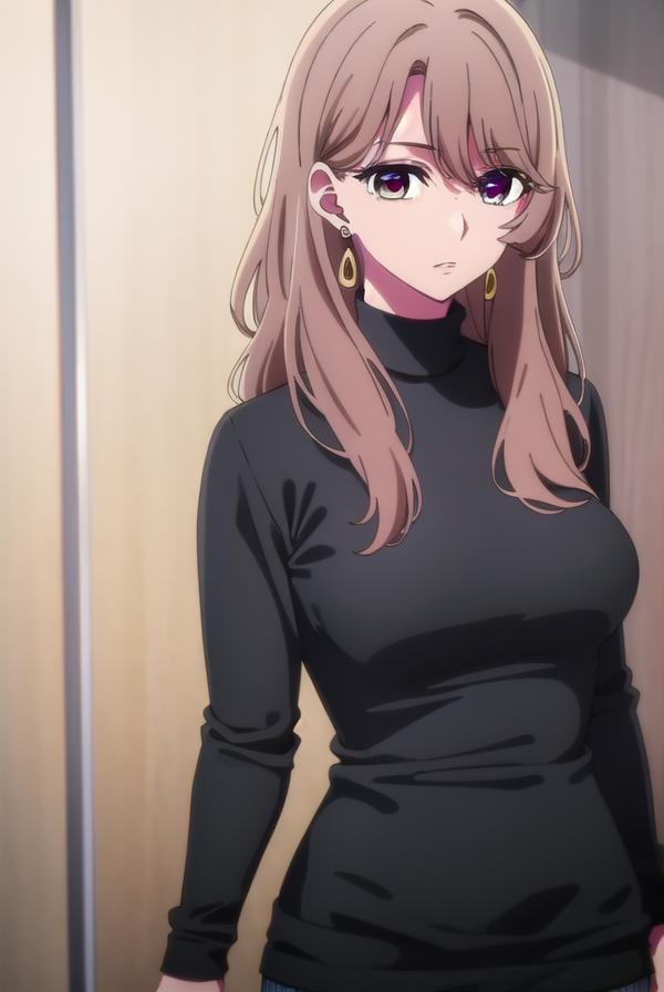 miyakosaitou, <lora:miyako saitou s1-lora-nochekaiser:1>,miyako saitou, long hair, brown hair, (brown eyes:1.3),BREAK jewelry, earrings, sweater, turtleneck, hoop earrings, black sweater,BREAK indoors,BREAK looking at viewer, (cowboy shot:1.5),BREAK <lyco:GoodHands-beta2:1>, (masterpiece:1.2), best quality, high resolution, unity 8k wallpaper, (illustration:0.8), (beautiful detailed eyes:1.6), extremely detailed face, perfect lighting, extremely detailed CG, (perfect hands, perfect anatomy),