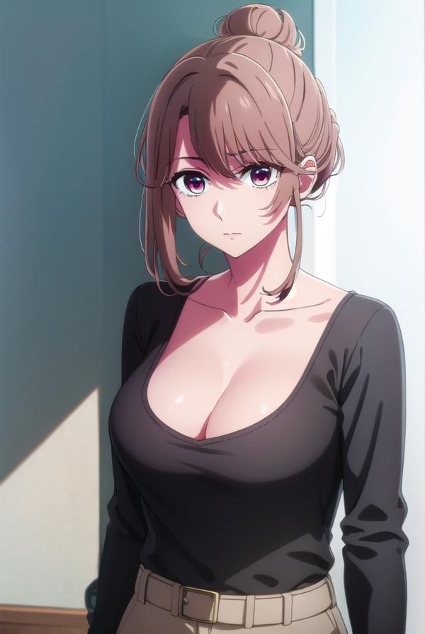 miyakosaitou, <lora:miyako saitou s1-lora-nochekaiser:1>,miyako saitou, long hair, brown hair, (brown eyes:1.3),BREAK hair bun, single hair bun, shirt, collarbone, jacket, belt, pants, black shirt, casual, cleavage,BREAK indoors,BREAK looking at viewer, (cowboy shot:1.5),BREAK <lyco:GoodHands-beta2:1>, (masterpiece:1.2), best quality, high resolution, unity 8k wallpaper, (illustration:0.8), (beautiful detailed eyes:1.6), extremely detailed face, perfect lighting, extremely detailed CG, (perfect hands, perfect anatomy),