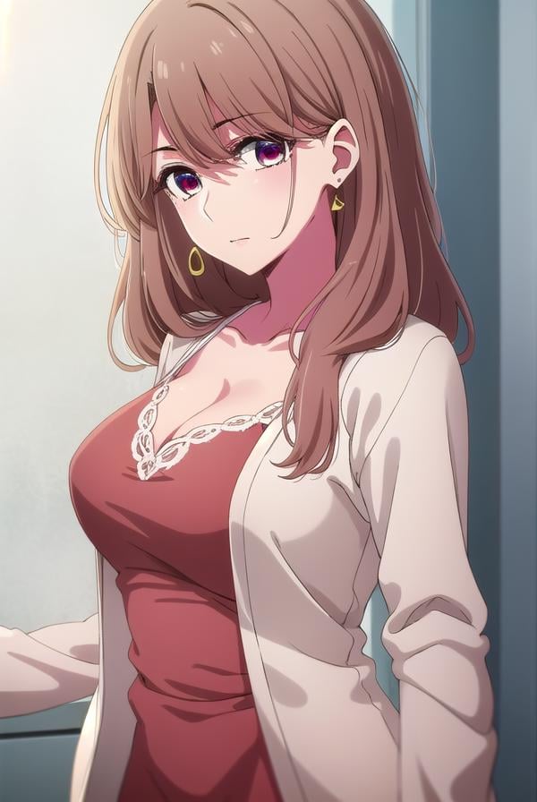 miyakosaitou, <lora:miyako saitou s1-lora-nochekaiser:1>,miyako saitou, long hair, brown hair, (brown eyes:1.3),BREAK dress, cleavage, jewelry, cardigan, earrings, red dress, hoop earrings, white cardigan, long sleeves,BREAK indoors,BREAK looking at viewer, (cowboy shot:1.5),BREAK <lyco:GoodHands-beta2:1>, (masterpiece:1.2), best quality, high resolution, unity 8k wallpaper, (illustration:0.8), (beautiful detailed eyes:1.6), extremely detailed face, perfect lighting, extremely detailed CG, (perfect hands, perfect anatomy),