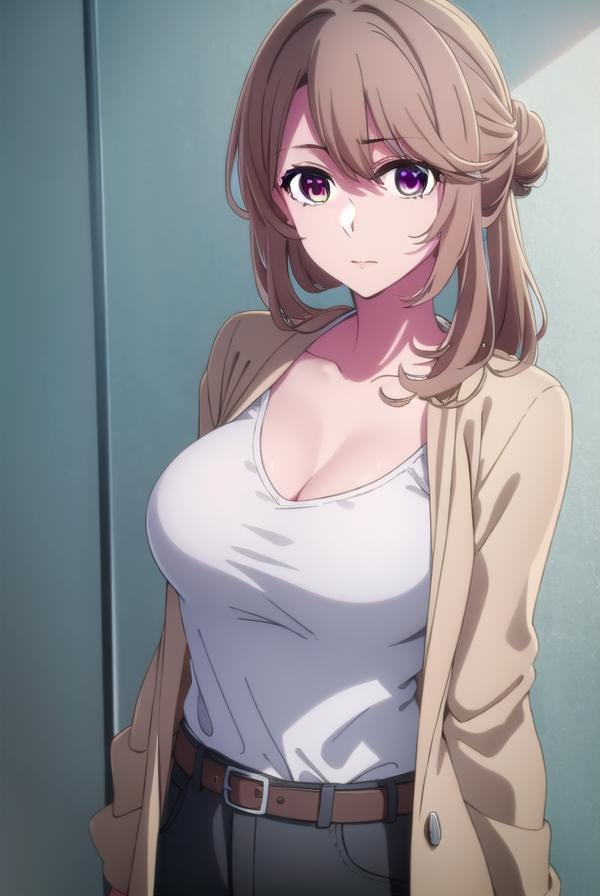 miyakosaitou, <lora:miyako saitou s1-lora-nochekaiser:1>,miyako saitou, long hair, brown hair, (brown eyes:1.3),BREAK hair bun, single hair bun, shirt, collarbone, jacket, belt, pants, black shirt, casual, cleavage,BREAK indoors,BREAK looking at viewer, (cowboy shot:1.5),BREAK <lyco:GoodHands-beta2:1>, (masterpiece:1.2), best quality, high resolution, unity 8k wallpaper, (illustration:0.8), (beautiful detailed eyes:1.6), extremely detailed face, perfect lighting, extremely detailed CG, (perfect hands, perfect anatomy),