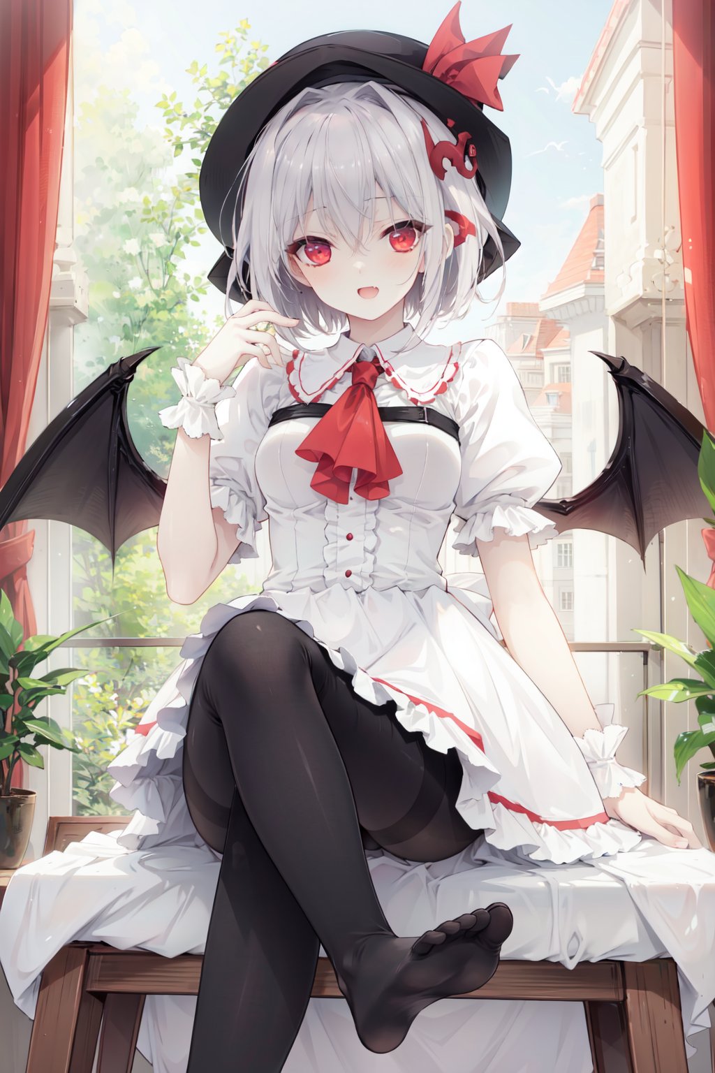 1girl, solo, remilia scarlet, hat, wings, mob cap, no shoes, sitting, pantyhose, dress, bat wings, red eyes, red ascot, smile, short sleeves, white pantyhose, puffy sleeves, wrist cuffs, collared dress, looking at viewer, short hair, ascot, open mouth, feet, puffy short sleeves, blush, fang, frills, hair between eyes, chair, crossed legs, bangs, jewelry, hat ribbon, white dress, soles, eyes visible through hair, foot focus, white headwear, red ribbon, ribbon, curtains, pink dress, toes