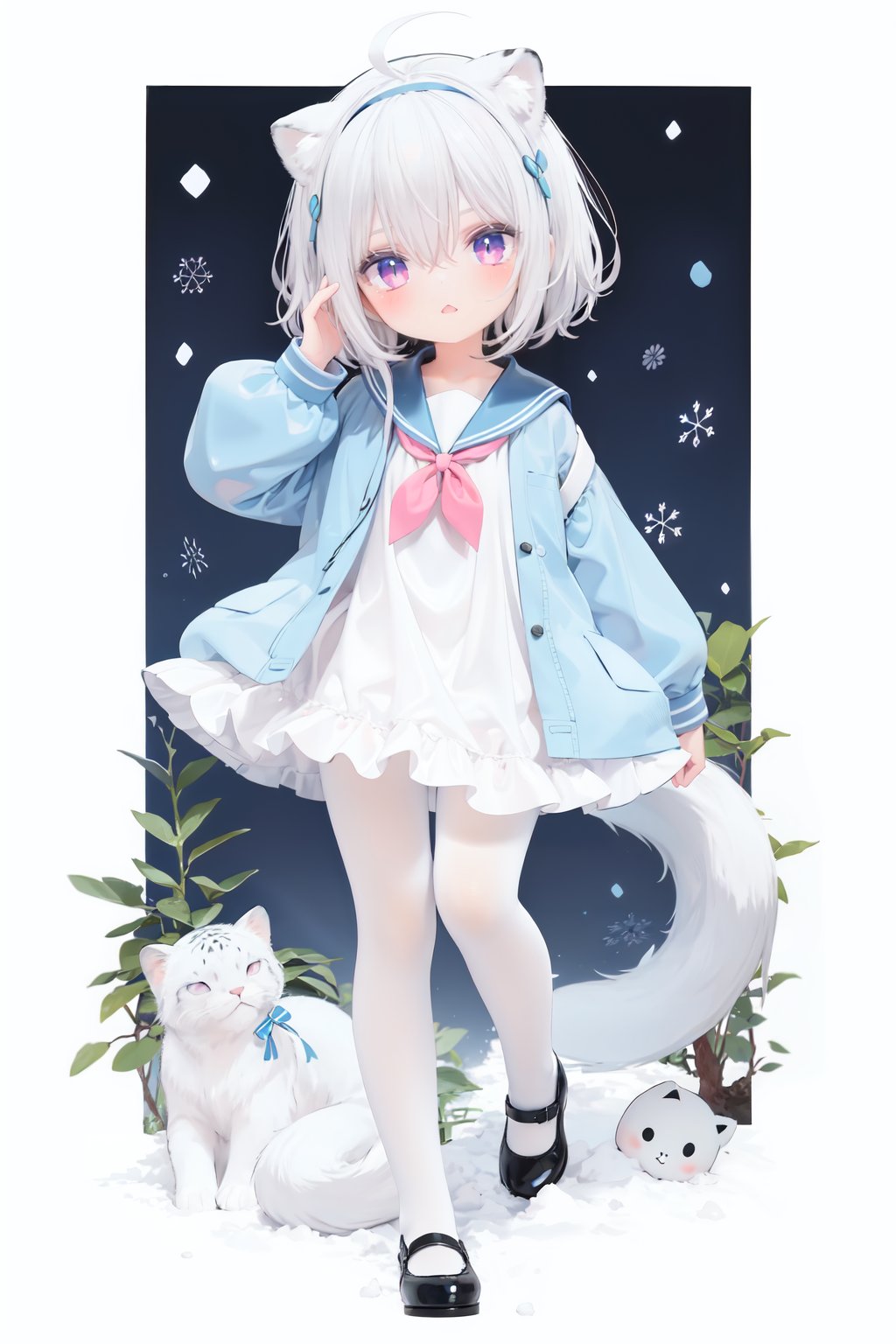  cute,Infant,solo blue shirt,blue sailor coat,loli,full body,white hair,snow leopard ear,white background,pink eyes,laugh,happy,white pantihose,white pantyhose,red armband,