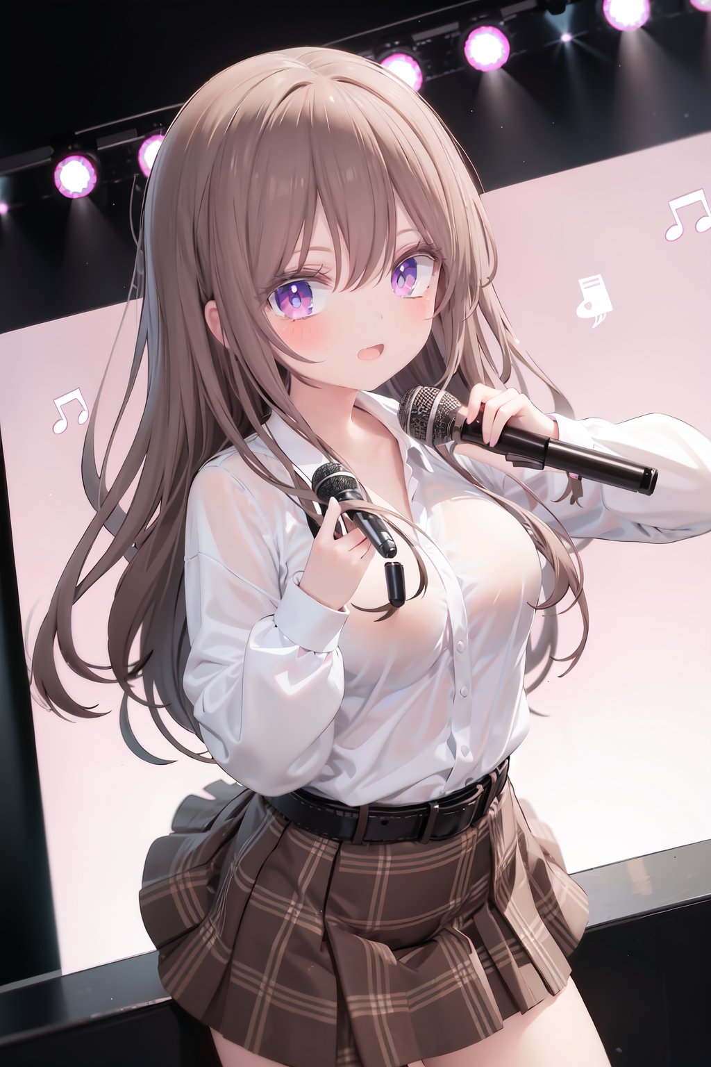  1girl, solo, microphone, smile, skirt, blush, brown eyes, long hair, open mouth, looking at viewer, brown hair, long sleeves, :d, shirt, bangs, belt, breasts, pink shirt, outstretched arm, music, black belt, medium breasts, holding microphone, singing