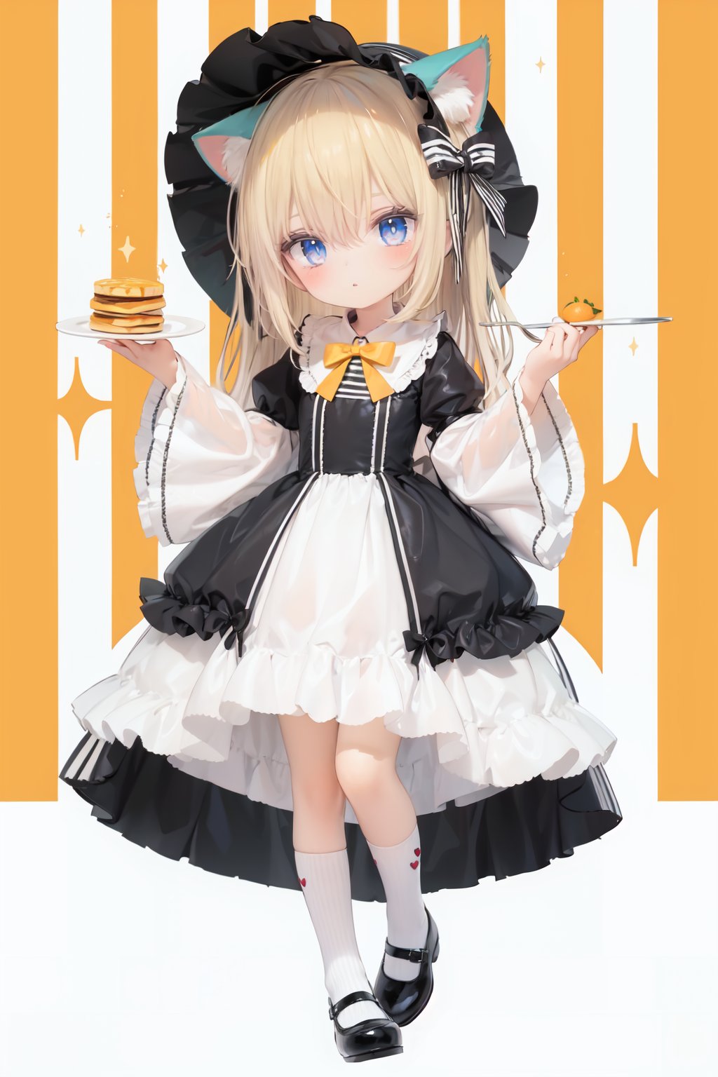  (cinematic lighting), dreamy atmosphere, Ray tracing, (((solo))), (loli:1.5), (child:1.5), (petite:1.5), green eyes, (animal ears), dress, solo, food, blonde hair, open mouth, long hair, pancake, flower, holding, bow, smile, fork, bird, socks, looking at viewer, shoes, striped background, holding fork, bonnet, striped, frills, long sleeves, :d, yellow dress, bangs, eyebrows visible through hair, blush, green nails, hair bow, nail polish, diagonal stripes, chick, sparkle, frilled dress, orange bow, fruit, full body, :3, hair between eyes, green bow, puffy sleeves, heart, lemon, orange footwear, animal ear fluff, white bow, cat ears, bobby socks, orange headwear, see-through sleeves, blue background, striped bow, hair ornament, white legwear, mary janes