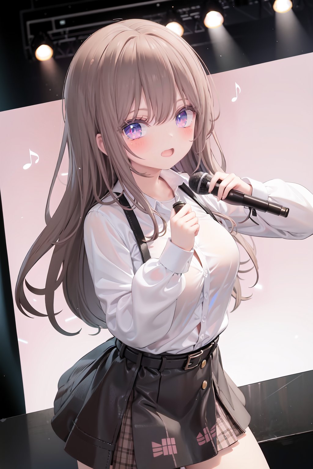  1girl, solo, microphone, smile, skirt, blush, brown eyes, long hair, open mouth, looking at viewer, brown hair, long sleeves, :d, shirt, bangs, belt, breasts, pink shirt, outstretched arm, music, black belt, medium breasts, holding microphone, singing