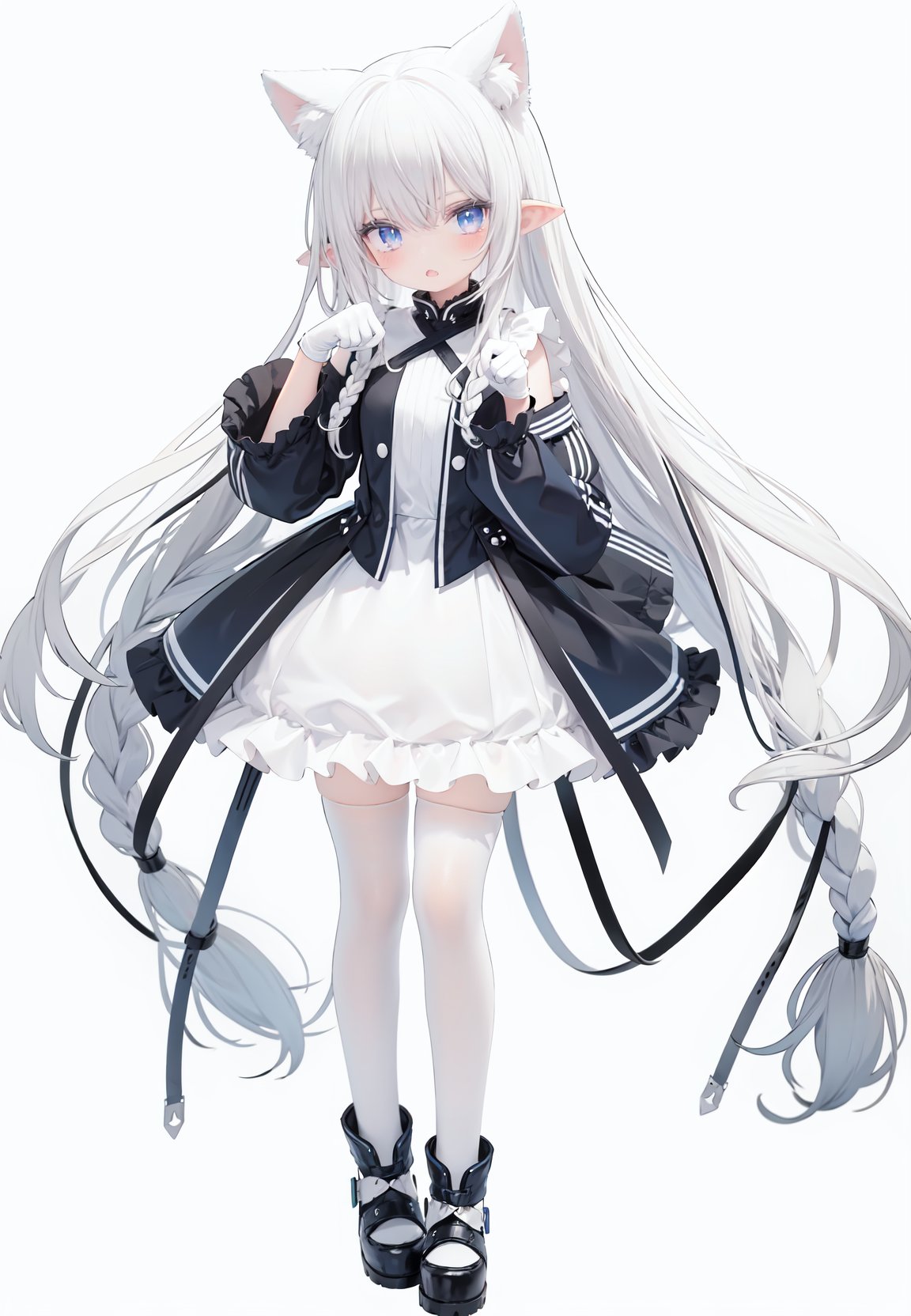  1girl, white_gloves, braid, full_body, gloves, long_hair, official_alternate_costume, pointy_ears, simple_background, solo, standing, very_long_hair, white_background, white hair, blue eyes, paw claw pose, open_mouth