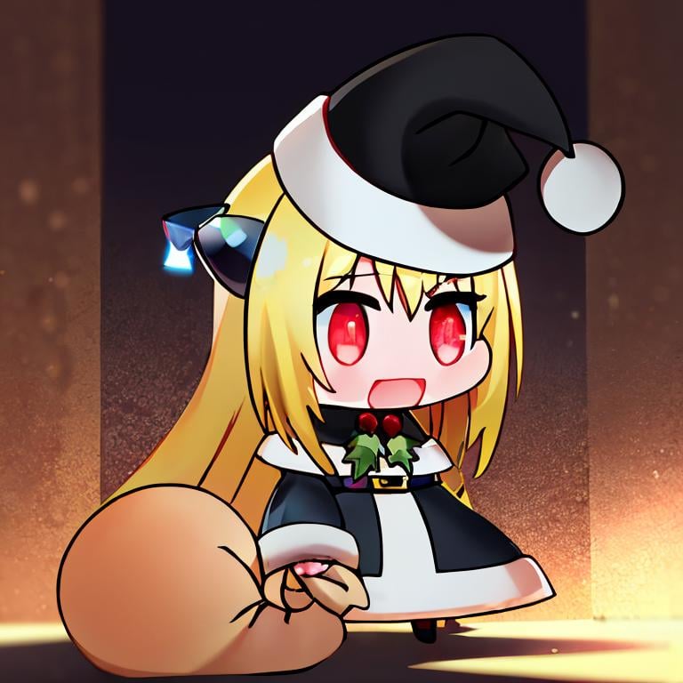 <lora:Padoru_Meme:1>, Padoru_Meme, open mouth, ((masterpiece,best quality)), absurdres, (finely detailed beautiful eyes: 1.2), phyami, yaminor, 1girl, solo, blonde hair, long hair,  red eyes, thigh strap, very long hair, detached sleeves, black dress,  <lora:yami-v1:1.0>,