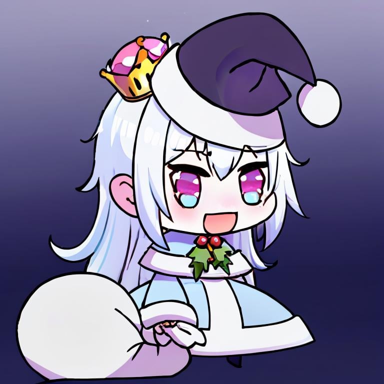 <lora:Padoru_Meme:1>, Padoru_Meme, open mouth, ((masterpiece,best quality)), absurdres, <lora:Boosette_Mario_Anime:0.9>, Boosette_Mario, 1girl, long hair, white hair, long white dress, ballroom dress, white gloves,  solo, smiling, blushing, looking at viewer, cowboy shot, 