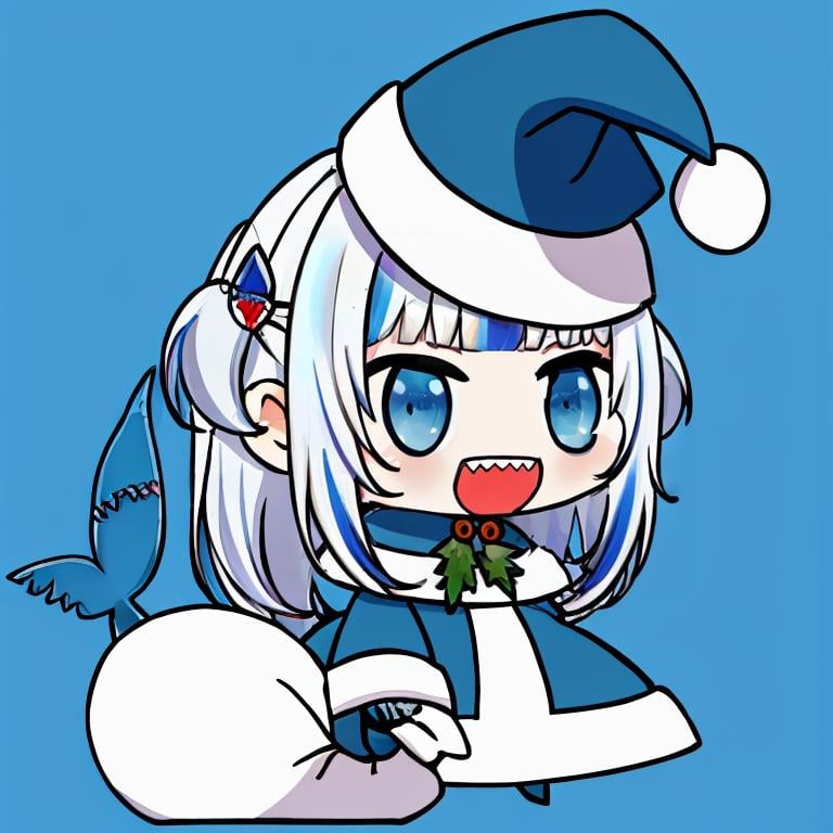 <lora:Padoru_Meme:1>,, gawrdef,Padoru_Meme, 1girl, long hair, blush, smile, open mouth, blue eyes, simple background, hair ornament, long sleeves, white background, holding, blue hair, standing, tail, full body, :d, grey hair, teeth, wide sleeves, blunt bangs, two side up, streaked hair, sleeves past wrists, blue headwear, meme, fish tail, shark tail, shark girl, shark hair ornament, holding sack <lora:gawr1-000006:1>