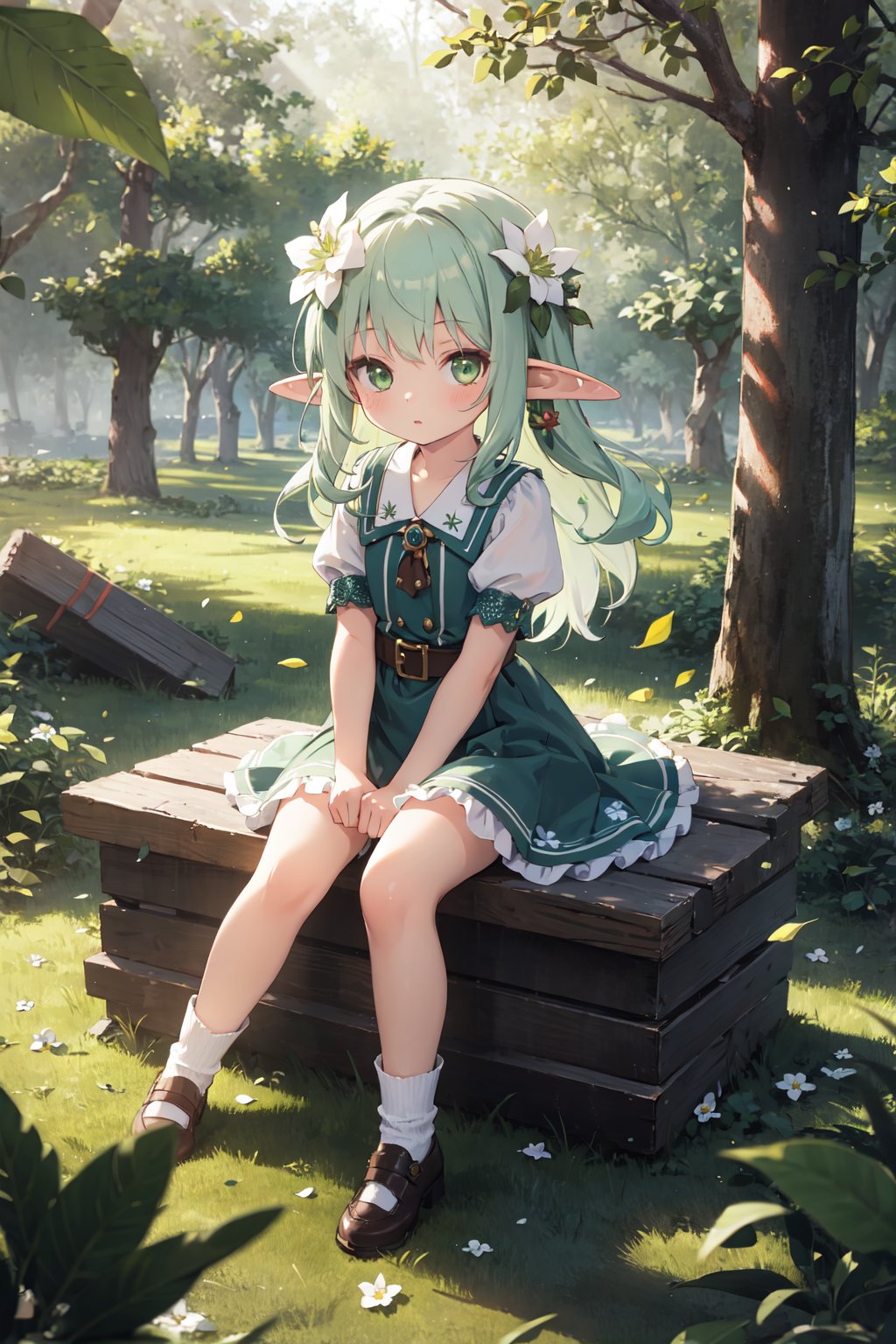 masterpiece,best quality,(ray tracing,cinematic lighting),loli,full body, sitting, looking at viewer, solo, 1girl, elf girl, long hair, green hair, [green|blue] eyes, dress, white hair flower, hair ornament, wind, leaf, tree, forest