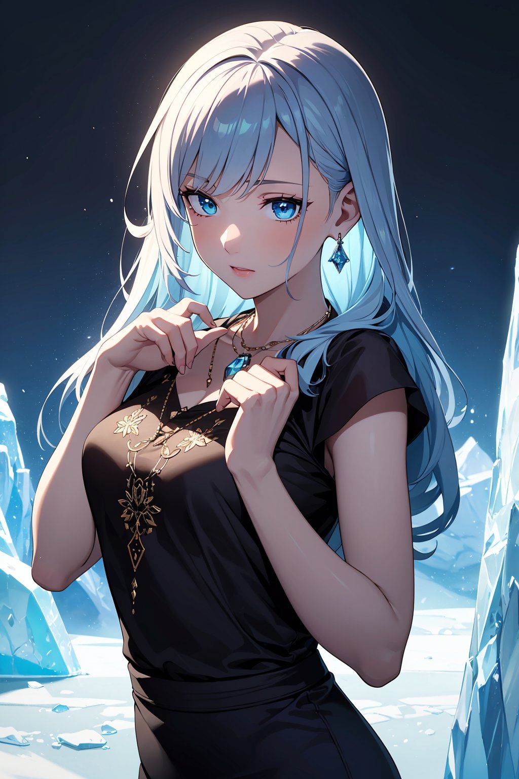 ((masterpiece, best quality, ultra-detailed, very fine 8KCG wallpapers)), 1girl, solo, medium breasts, cyan hair, blue eyes, long hair, (multicolored hair:1.2), glowy eyes, intricate details, glowing, embroidery, accessories, necklace, earrings, ((dark theme)), from side, looking away, (add lots of random things like melting icebergs and frozen ice), nice hands, perfect hands,