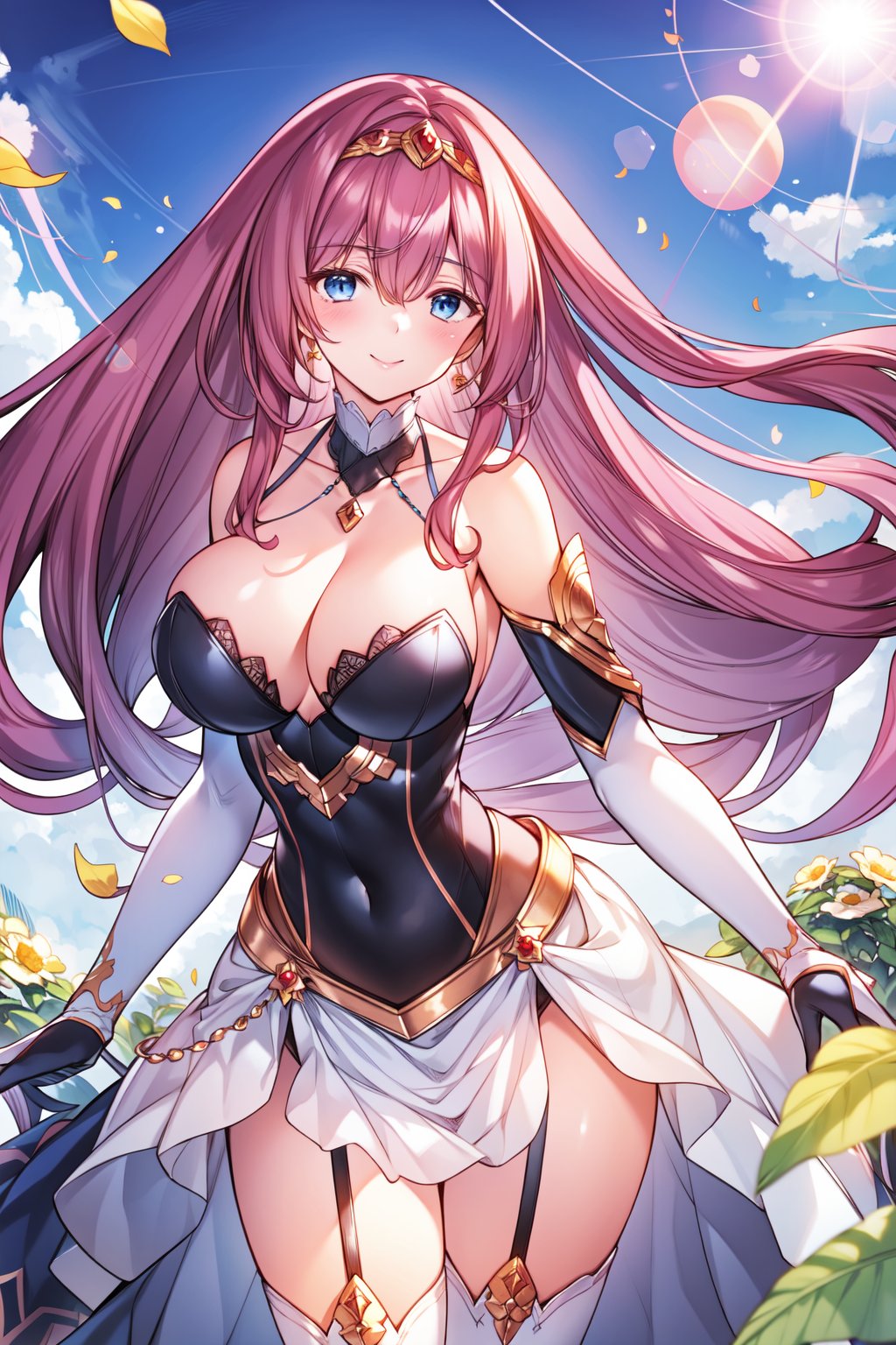 (masterpiece,  best quality),  1girl,  solo,  masterpiece,  Highest Quality,  Highest Resolution,  perfect background,  perfect perspective,  sharp image,  perfect details,  perfect lighting,  perfect shadows,  Perfect lighting,  Best background,  depth of field,  pink hair,  long hair,  blue eyes,  crown,  off shoulder armor,  white stockings,  smile,  light particle,  lens flare,  garden,  flower,  flower petals,  dress,  legs,  strapless,  long dress,  frills,  lace,  lace trim,  embroidered dress,  pattern, fantasy00d,  bridal gauntlets,<lora:EMS-164975-EMS:0.700000>,<lora:EMS-5669-EMS:0.600000>