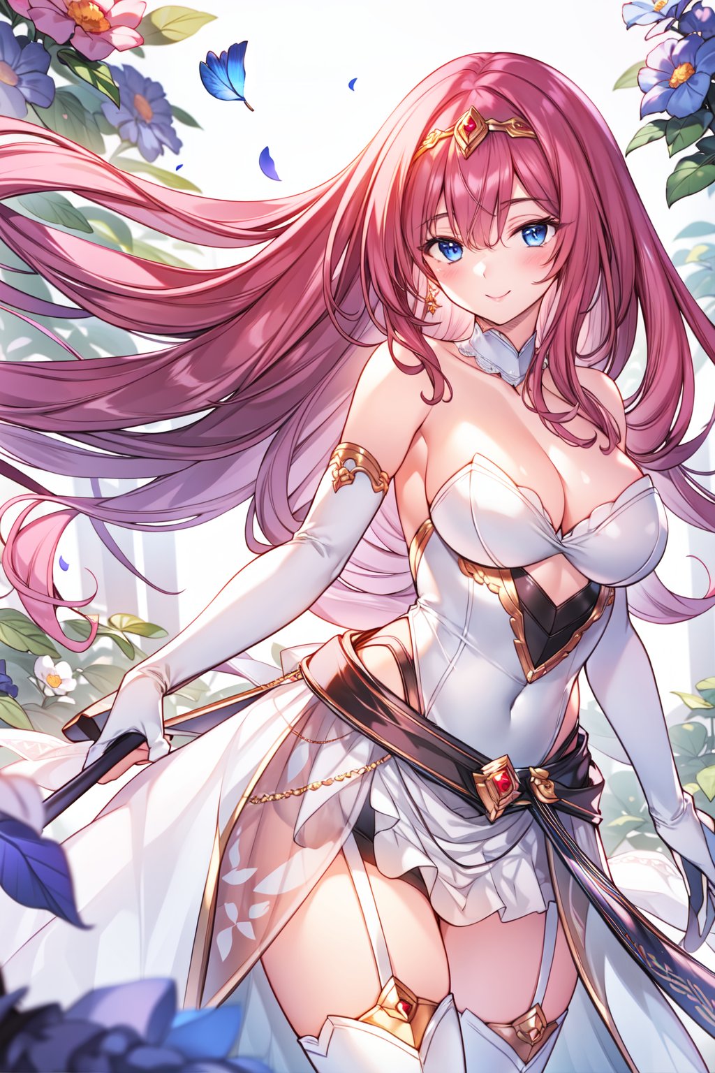 (masterpiece,  best quality),  1girl,  solo,  masterpiece,  Highest Quality,  Highest Resolution,  perfect background,  perfect perspective,  sharp image,  perfect details,  perfect lighting,  perfect shadows,  Perfect lighting,  Best background,  depth of field,  pink hair,  long hair,  blue eyes,  crown,  off shoulder armor,  white stockings,  smile,  light particle,  lens flare,  garden,  flower,  flower petals,  dress,  legs,  strapless,  long dress,  frills,  lace,  lace trim,  embroidered dress,  pattern, fantasy00d,  bridal gauntlets,<lora:EMS-164975-EMS:0.700000>,<lora:EMS-5669-EMS:0.600000>