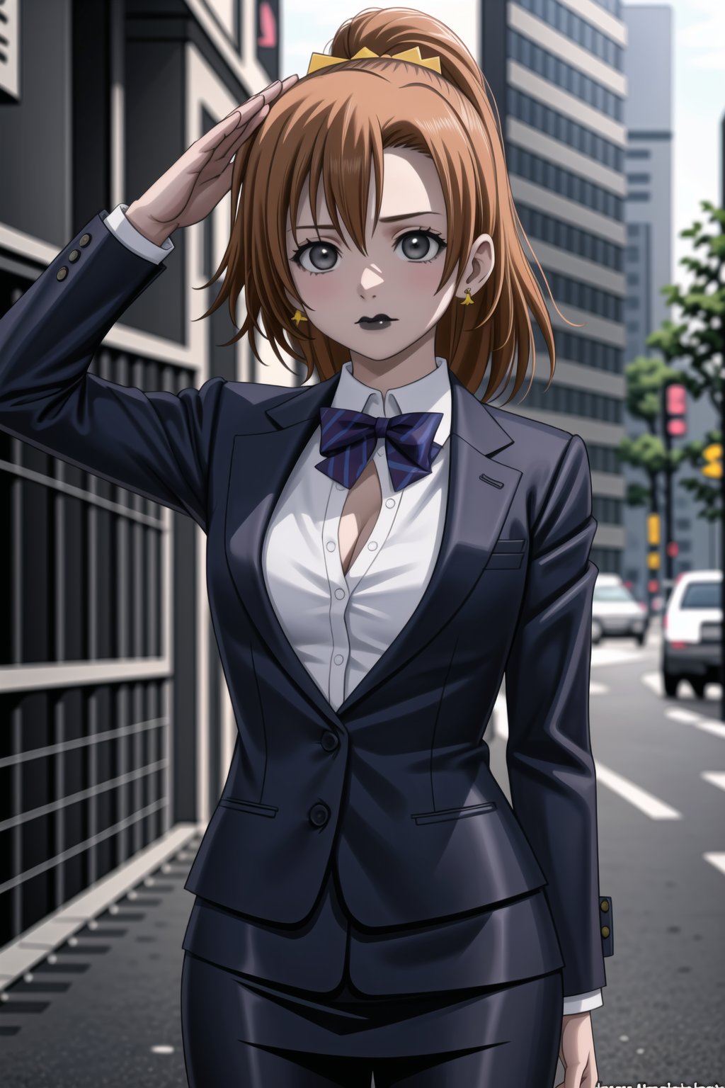 ((best quality)), ((highly detailed)), masterpiece, ((official art), (ponytail:1.2 ,honoka kousaka, black eyes),(black lips:1.3), white shirt, cleavage, jewelry, (black jacket), white shirt, earrings, black skirt, necklace, formal, suit, pencil skirt, office lady, medium breasts, upper body,  outdoors, day, serious, closed mouth, building, (salute, arms to sides),  intricately detailed, hyperdetailed, blurry background,depth of field, best quality, masterpiece, intricate details, tonemapping, sharp focus, hyper detailed, trending on Artstation,1 girl, high res, official art,StandingAtAttention,,<lora:659111690174031528:1.0>