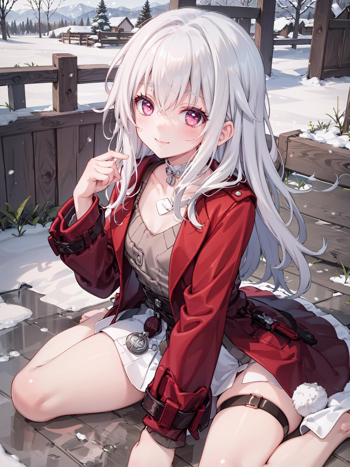 (extremely detailed CG), (best quality), 1girl, petite, small breasts, perfect face, bright pupils, (finely detailed beautiful eyes), narrow waist, hair intakes, white choker, thigh strap, red jacket, red coat, barefoot, white dress, depth of field, light smile, snowing, outdoors,wariza, on floor, <lora:ClaraHonkai:0.75>