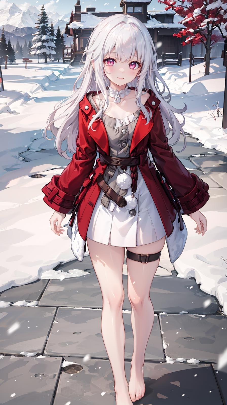 (extremely detailed CG), (best quality), 1girl, petite, small breasts, perfect face, bright pupils, (finely detailed beautiful eyes), narrow waist, hair intakes, white choker, thigh strap, red jacket, red coat, barefoot, white dress, standing, full body, depth of field, light smile, snowing, outdoors,  <lora:ClaraHonkai:0.75>