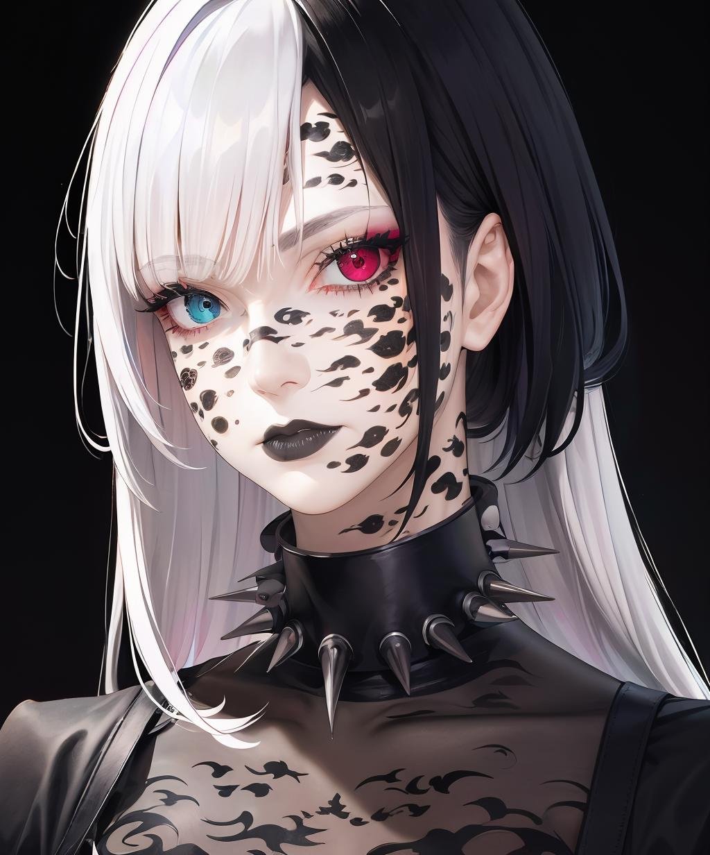 dark theme, (curse_mark: 1.21), 1girl, pale skin, sp1k3 choker, goth, black hair, red eyes, left shoulder, heterochromia upper body, looking at viewer, solo, portrait, simple background, <lora:curse_mark-06:1>, <lora:LowRA:0.3> <lora:SpikedChokerV1:0.8> <lora:Heterochromia_h4.v2:0.8> 