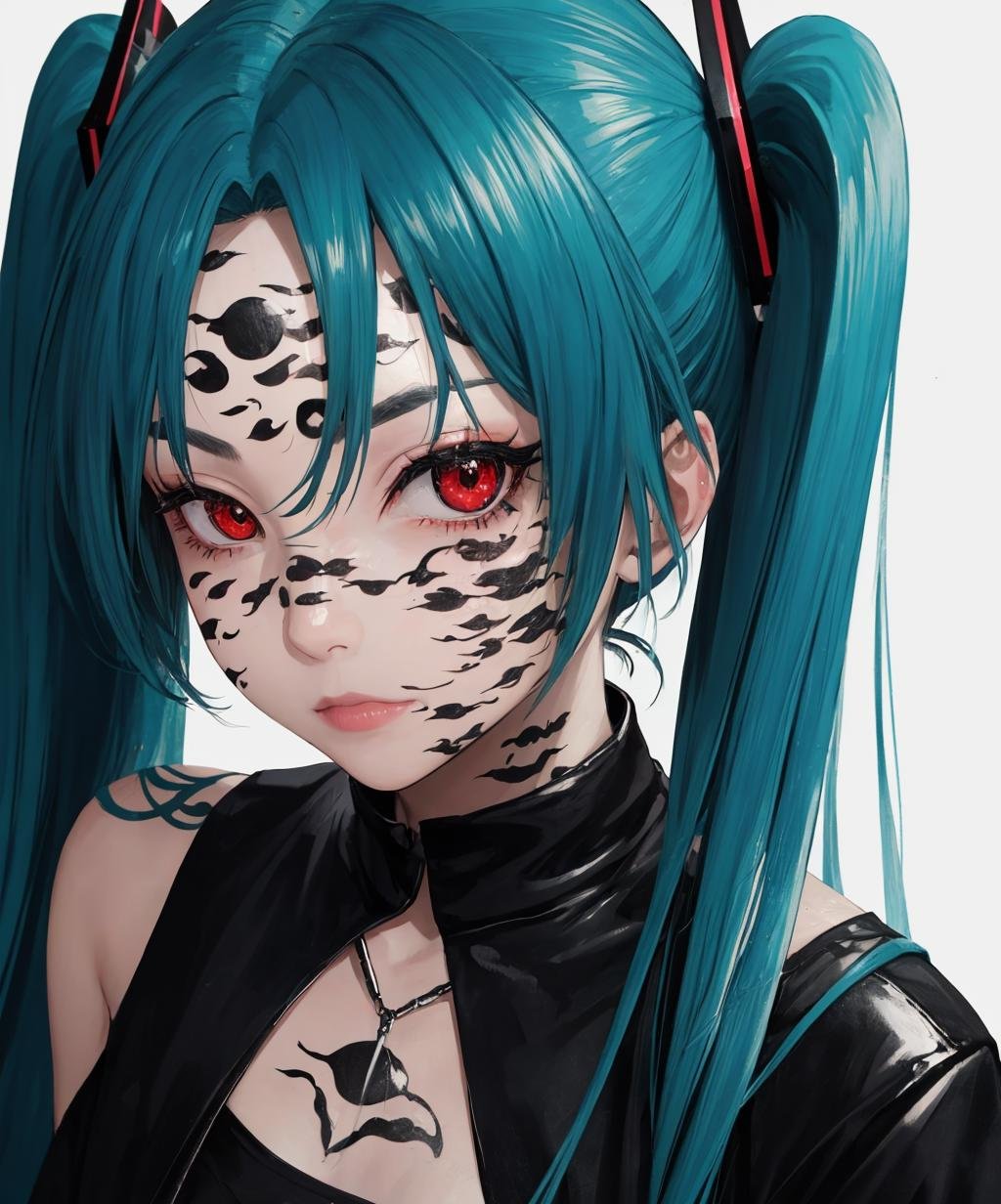 dark theme, (curse_mark: 1.21), 1girl, hatsune miku, left shoulder, upper body, looking at viewer, solo, portrait, simple background, <lora:curse_mark-06:1>, <lora:LowRA:0.3>