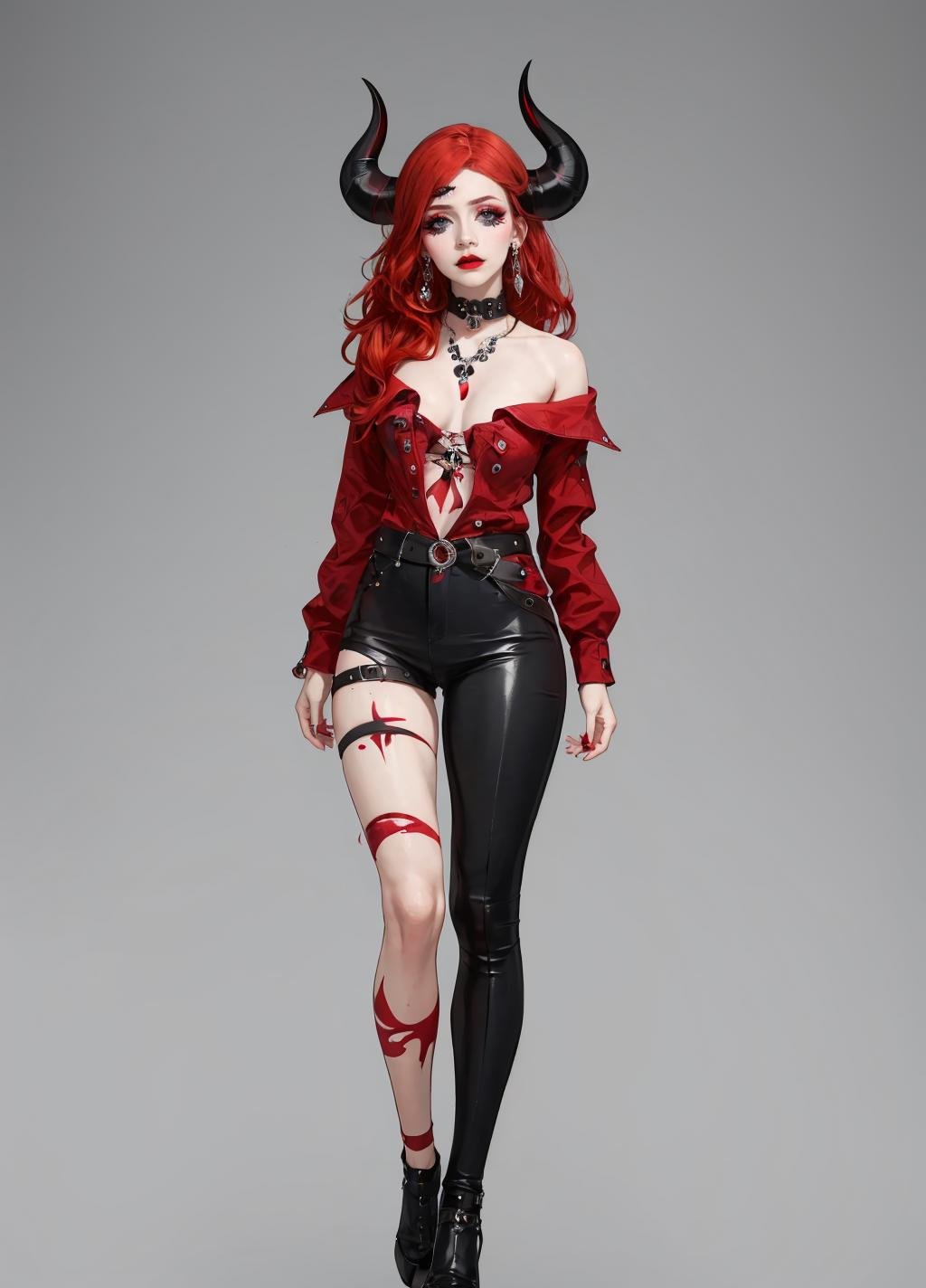 multiple_eyes, 1girl, red hair, grey eyes, closed mouth, lipstick, black lips, makeup, horns, demon horns, jewelry, earrings, blood, looking at viewer, (((full body))), grey background, <lora:multiple_eyes-06:1.4>