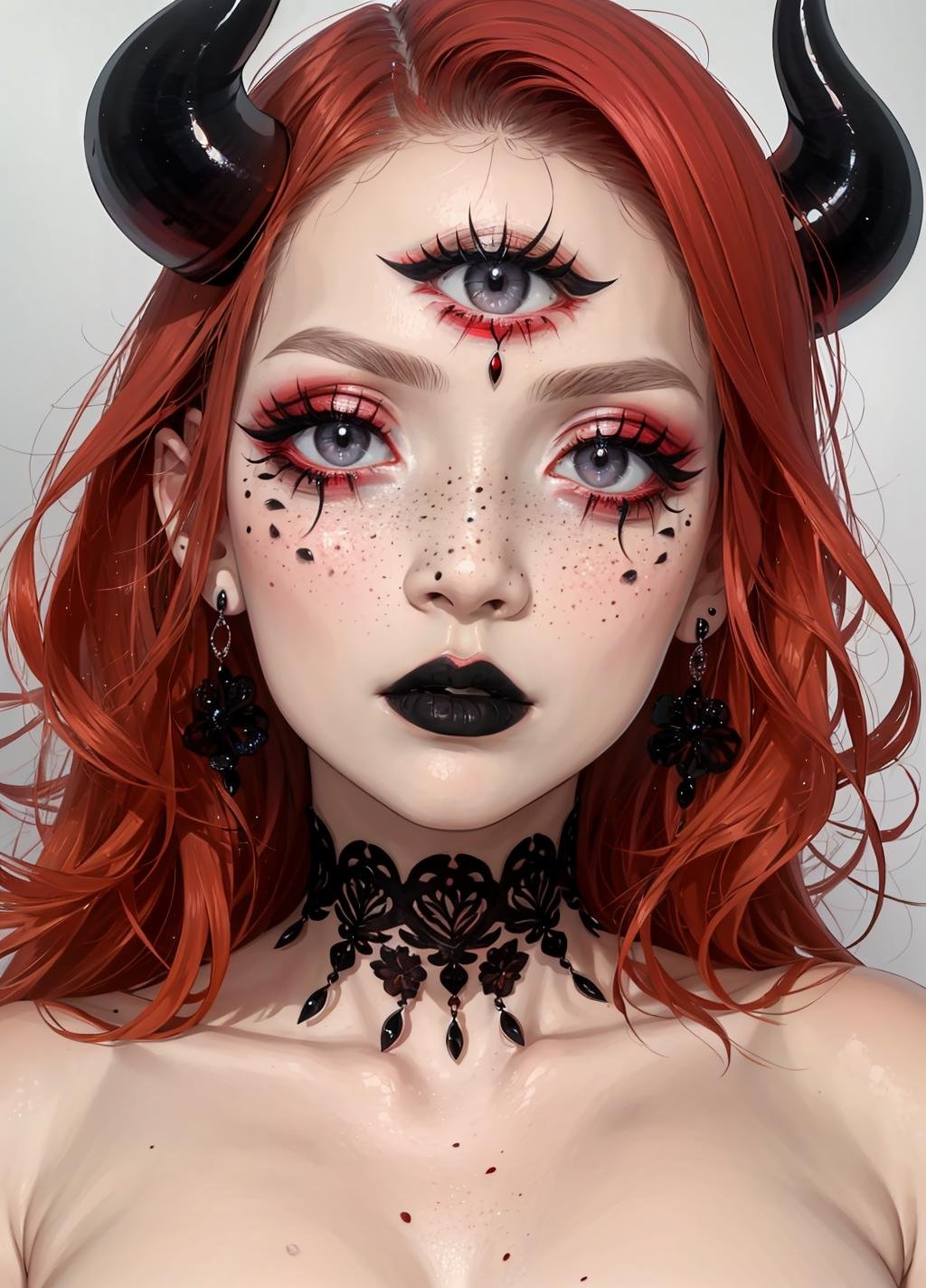 multiple_eyes, 1girl, red hair, freckles, grey eyes, closed mouth, lipstick, black lips, makeup, horns, demon horns, jewelry, earrings, blood, looking at viewer, portrait, grey background, <lora:multiple_eyes-06:1>