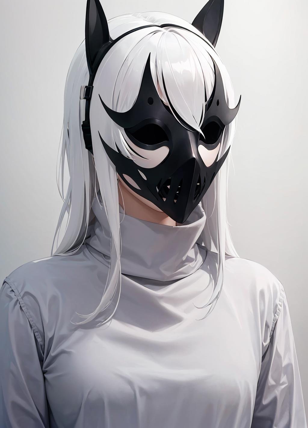 horror (theme), ((full_mask, covered mouth, no human, covered eyes)), long hair, white hair, turtleneck, ((upper body)), <lora:full_mask-05:0.8>