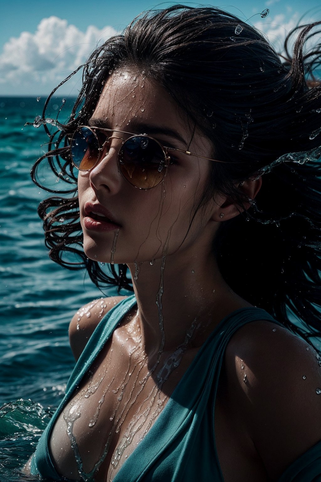 woman in a green robe is lying on her front in the sea, looking up at viewer, beach foreshore behind, horizon, mermaid pose, round face, colombian,  closeup fantasy with water magic, sunglasses, midriff, skinny waist,((shallow water)), ((wet)), beautiful maiden, wearing a robe made of water, cleavage, realistic oil painting, dripping wet, in water up to her shoulders, woman soaked by waves,  beautiful realistic painting, nymph in the water, hyperrealist portrait in ocean, hyperrealistic fantasy photo, realistic fantasy painting, cute shot, narrow depth of field, portrait, early morning, 8k, drenched, dripping oil, heavy clothes, soaked in oil, wet all over, short dark hair, wet dripping hair, pov shot, portrait, posing, daylight, ((looking at viewer))