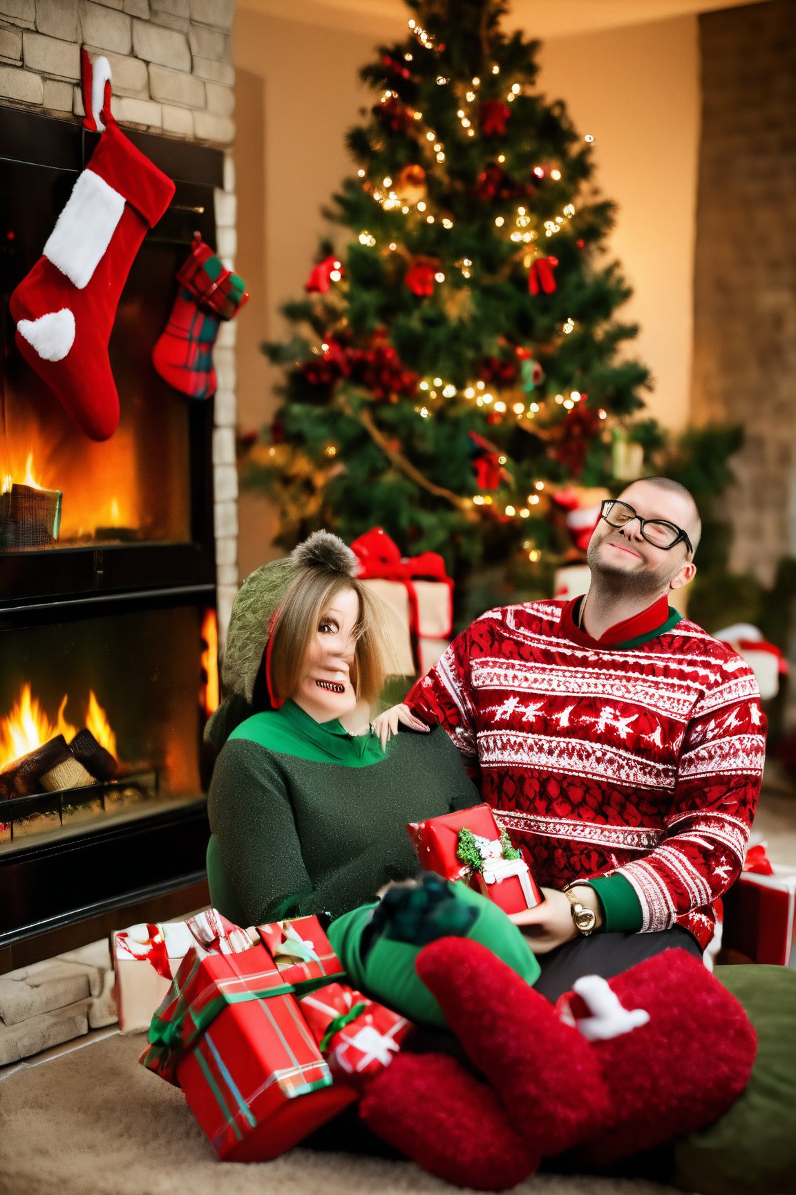 Gir, Christmas tree, Christmas Stockings hanging and Gifts, Decoration, Christmas Sweat Shirt, Sitting in Comfy Chair near fireplace, ((Detailed : 2)), ((Shallow DOF : 2)),christmas