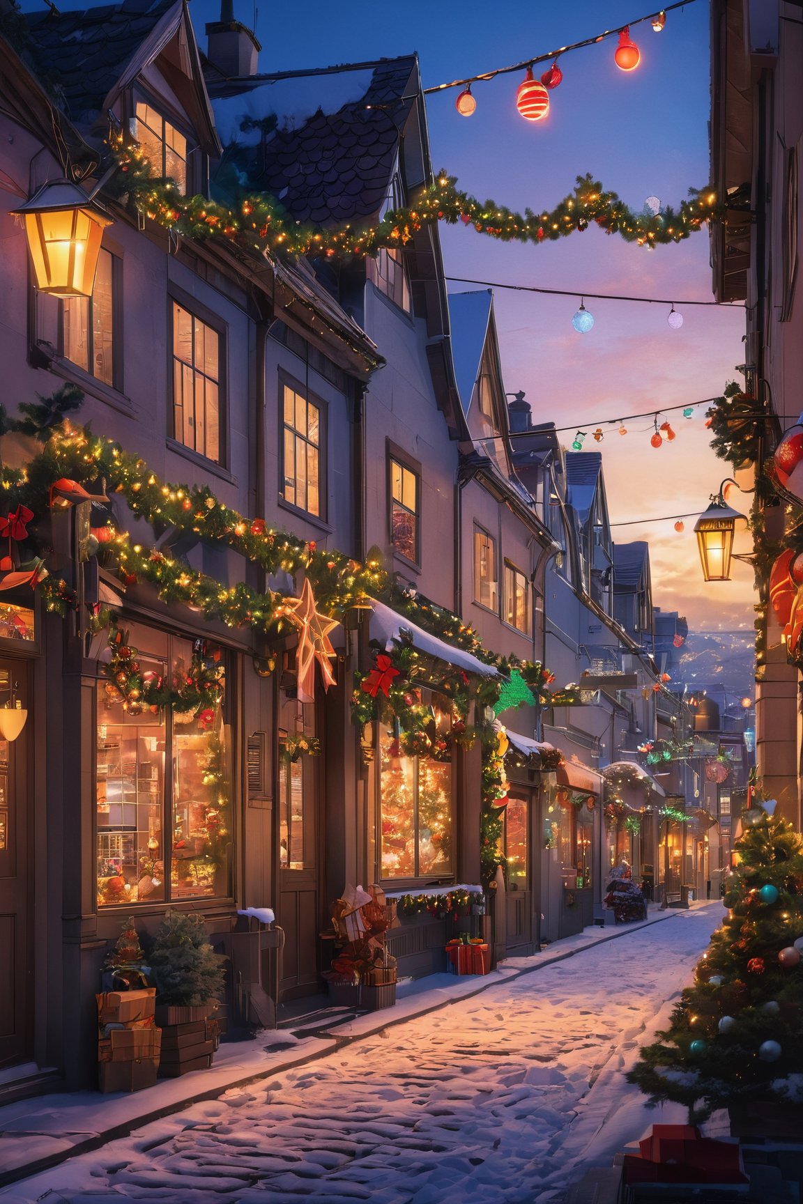 (Good anime quality:2), (Flat anime Colors :2), Hyper Detailed, 4k, Anime ,christmas, day, outside, Decorated Street With Lights