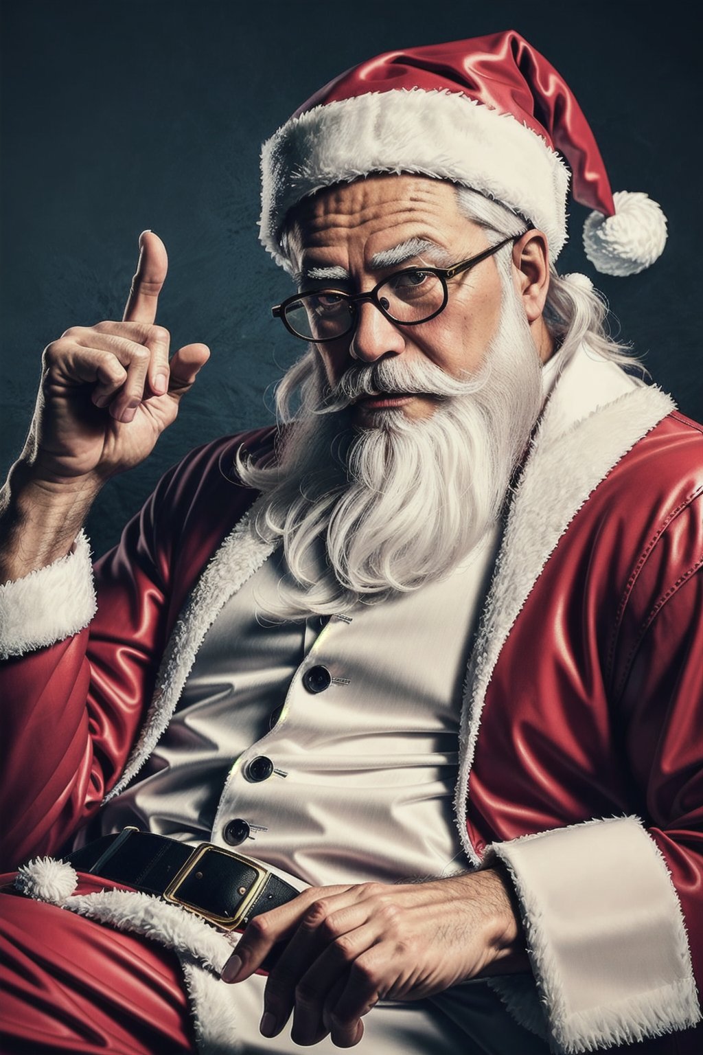 Santa Overlords Style, solo, looking at viewer, 1boy, hat, sitting, white hair, male focus, glasses, facial hair, christmas, beard, santa hat, santa costume, mustache, old man, middle finger, arm hair, <lora:SantaOverlordsStyle:0.8>