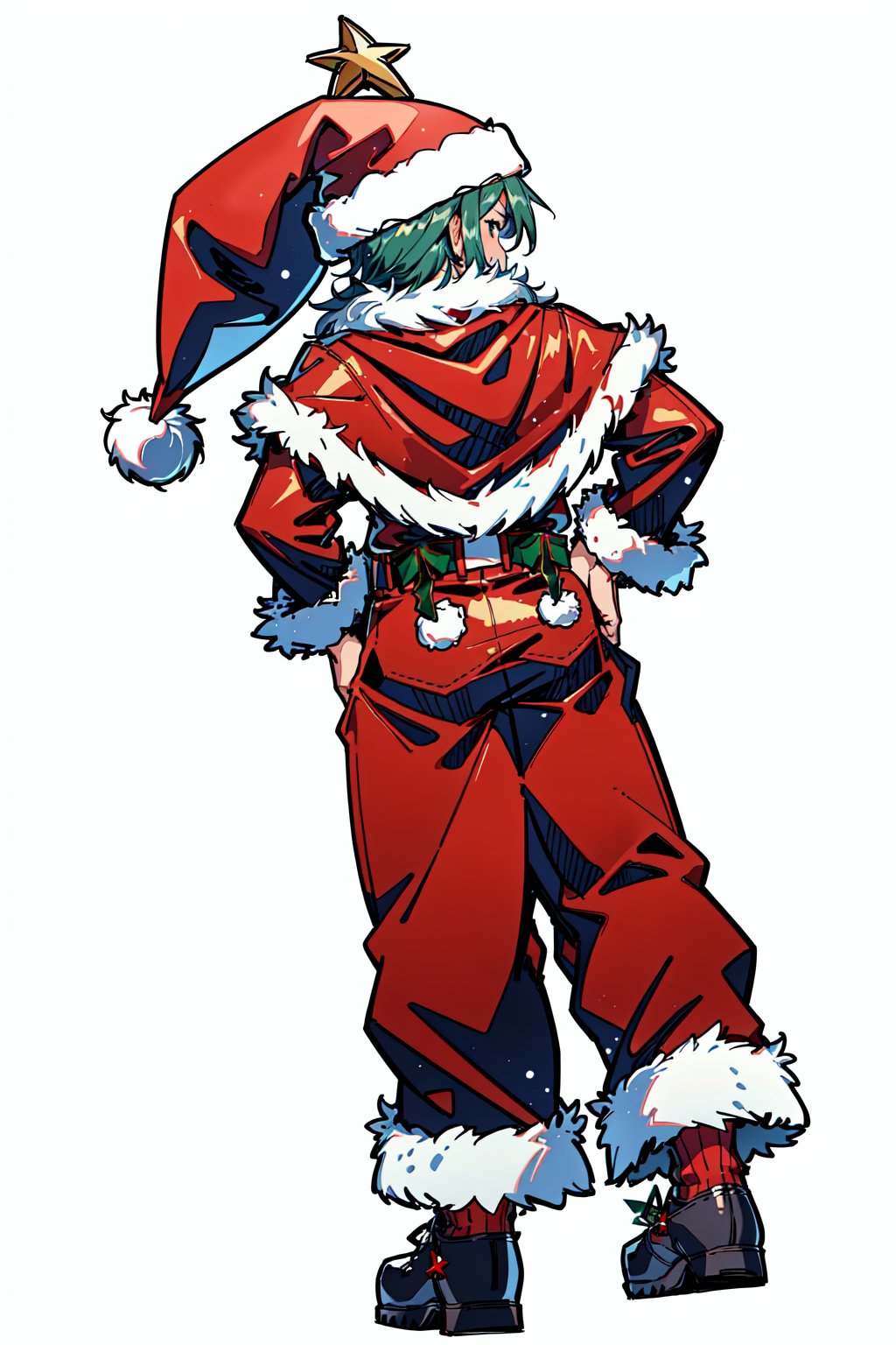 <lora:SantaOverlordsStyle:0.8> Santa Overlords Style, solo, simple background, 1boy, hat, white background, full body, male focus, from behind, fur trim, christmas, santa hat, santa costume