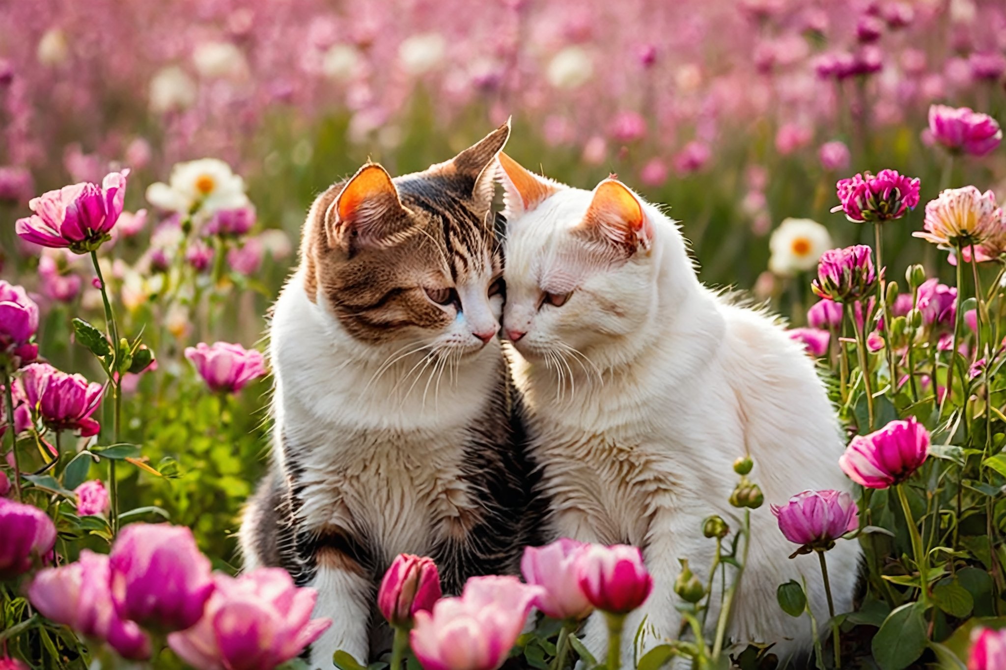 Award-winning photo, two cute cats hugging each other in a flower field 