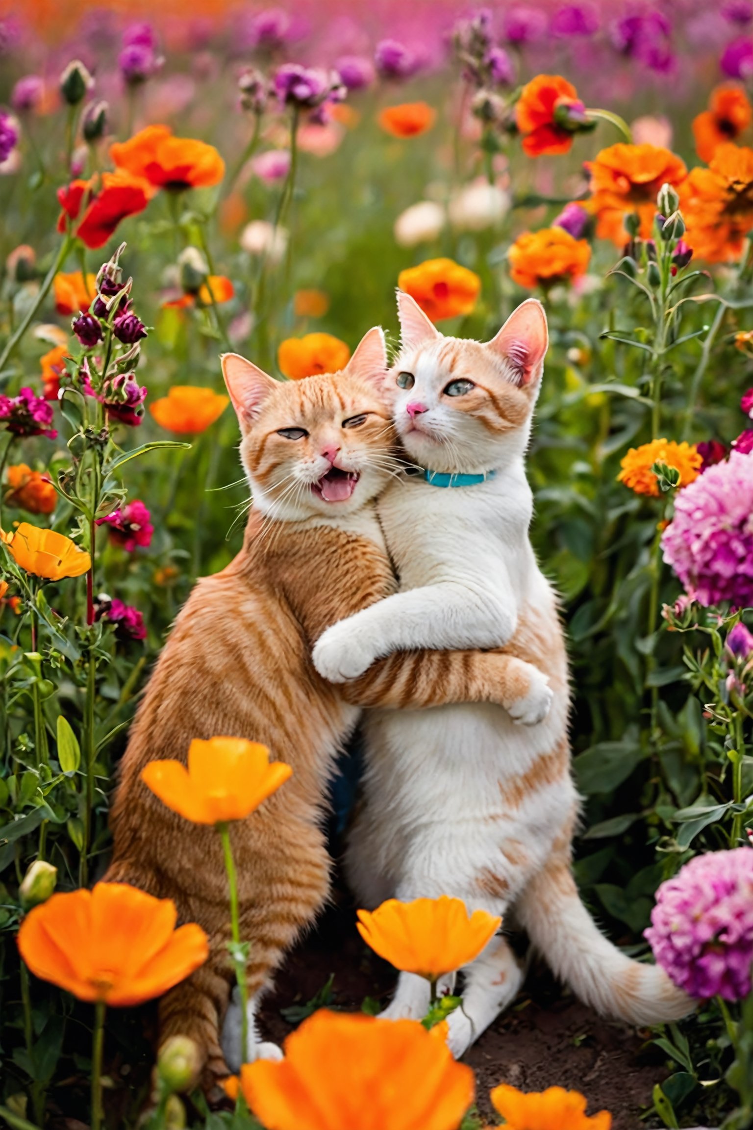 Award-winning photo, two cute cats hugging each other in a flower field 