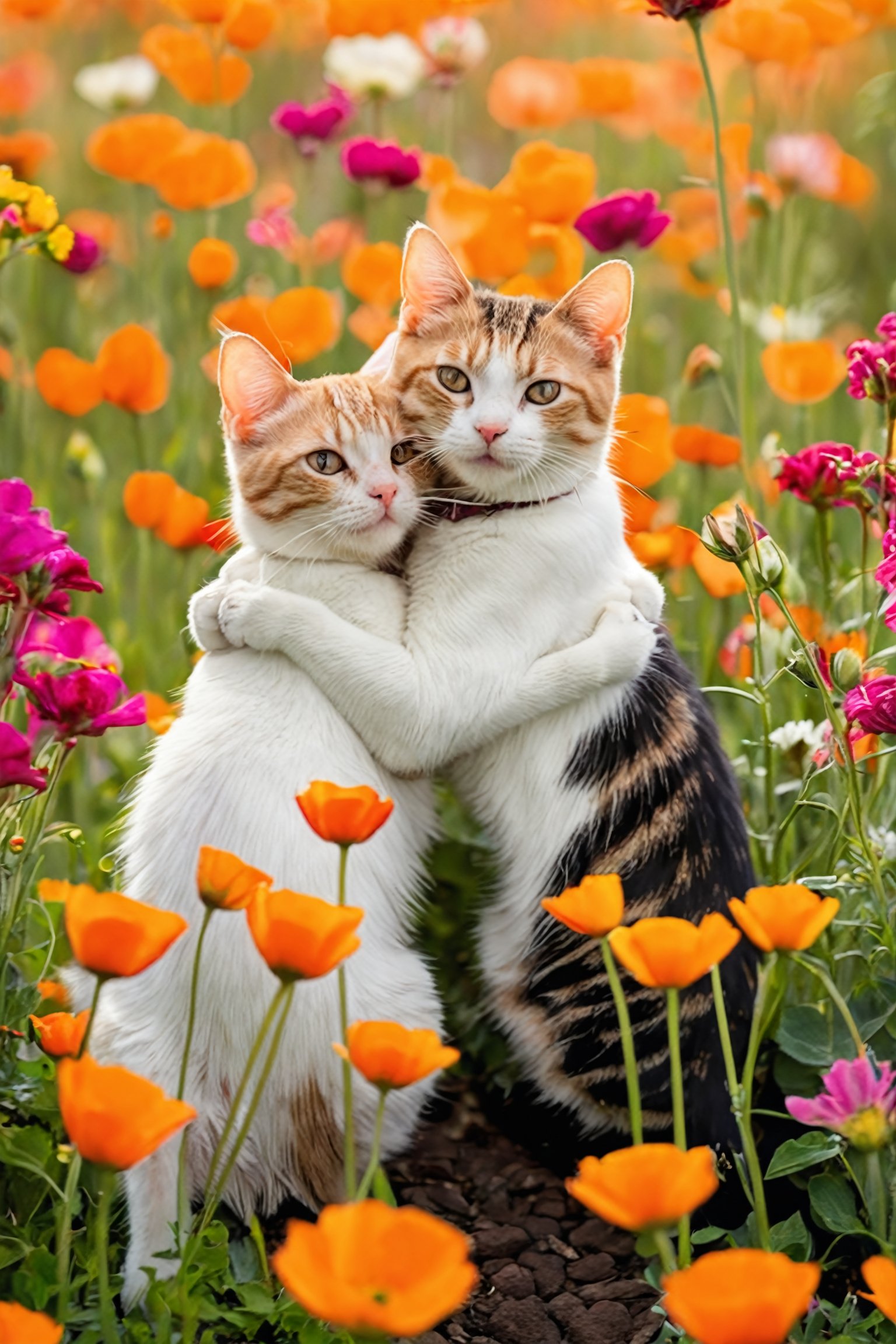 Award-winning photo, two cute cats hugging each other in a flower field 