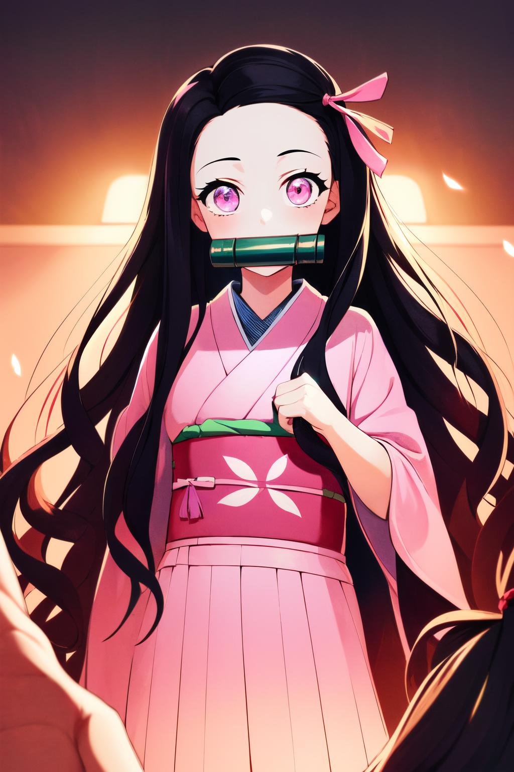 best quality, masterpiece, (illustration:1.2),1girl, nezuko,solo,solo focus, , pink kimono, uper body, pink eyes,long hair, gag,glowing eyes,hair ribbon, flower, <lora:hoa:1>