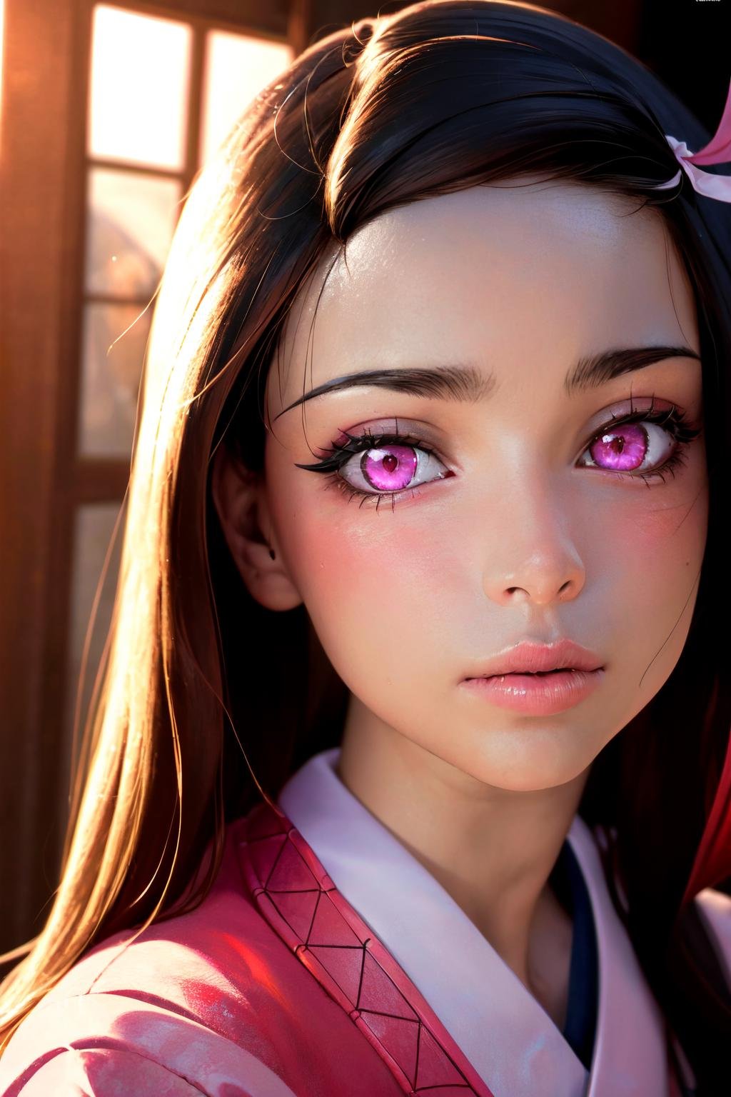 best quality, masterpiece, (illustration:1.2),raw photo,realistic,(face foucs:1.2),nezuko,1girl, , pink eyes, long hair, night, cenimatic lighting, 4k,8k, detailed eyes, puffy eyes,blush, v-shaped eyebrows, eyelashes, eyeliner, hair ribbon,  <lora:hoa:0.9>