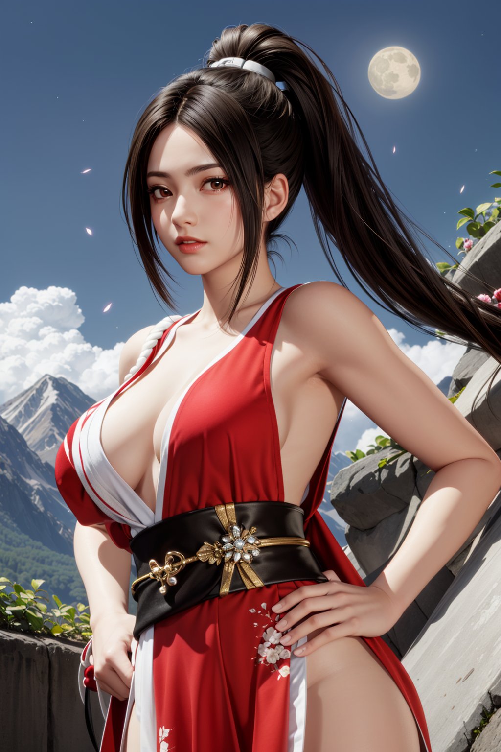 outdoor，(black hairs:1.2)，(large breasts:1.2)，flowers，floating hair，sky，rainbow,moon,sky,stars,( hand on hip:1.3),standing，mountains，1girl, shiranui mai, breasts, solo, hand fan, ponytail, folding fan, pelvic curtain, cleavage, brown hair, large breasts, revealing clothes, long hair, brown eyes, japanese clothes, rope, folded fan, high ponytail, sash, ninja, bare shoulders, holding, watermark, no bra, holding fan, obi, lips，official art，extremely detailed cg 8k wallpaper，looking at viewer，(extremely delicate and beautiful)，solo，realistic， photo_\(medium\)，<lora:dingdang-buzhihuowu:0.55>