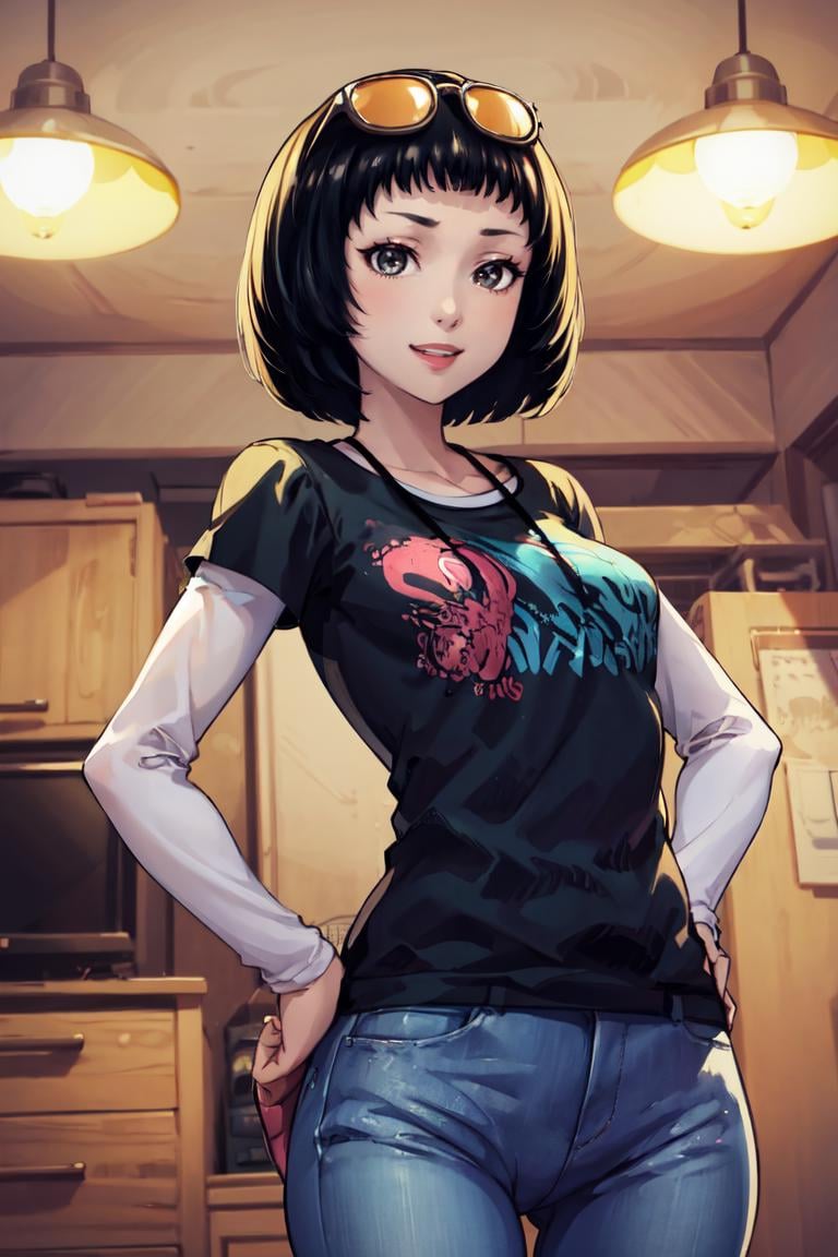 masterpiece, best quality, absurdres, 1girl, solo, OhyaIchiko, short hair, bob cut, eyewear on head, black t-shirt, layered sleeves, jeans, hands on hips, indoors, smile, <lora:OhyaIchiko:1>