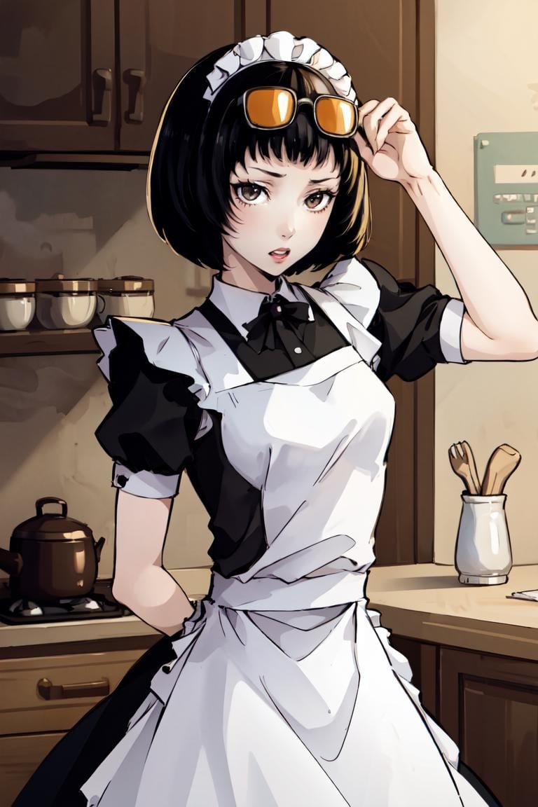 masterpiece, best quality, absurdres, 1girl, solo, OhyaIchiko, short hair, bob cut, eyewear on head, maid, maid headdress, maid apron, kitchen, <lora:OhyaIchiko:1>