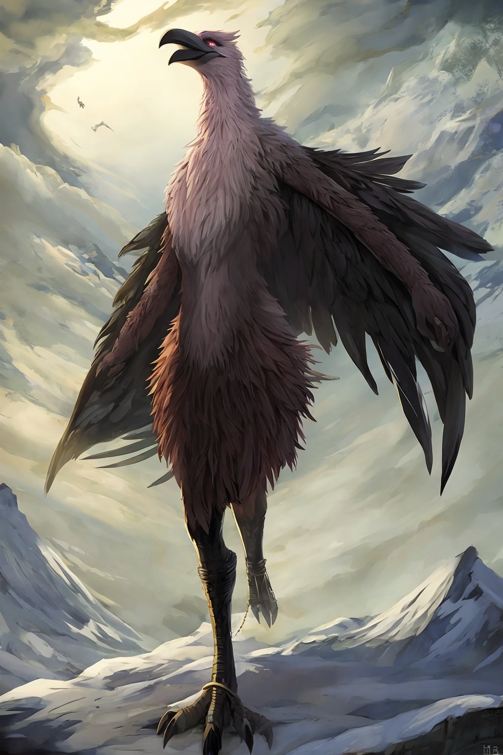 Opium bird, standing, feathers, white feathers, bird, birdman, humanoid, bird head, with extremely long beak, long beak, long mouth, full body, bird legs, bird arms, sinister, terrifying, beautiful , ragged, wide body, fat

High quality, HD, 4kHD, cinematic, atmospheric, realistic, ultra-realistic
snow, mountain, cloudy, gray sky, dark clouds
Detail,lora:largebulg1-000012:1,AIDA_NH_humans,Pixel art,lora:largebulg1-000012:1,lora:largebulg1-000012:1